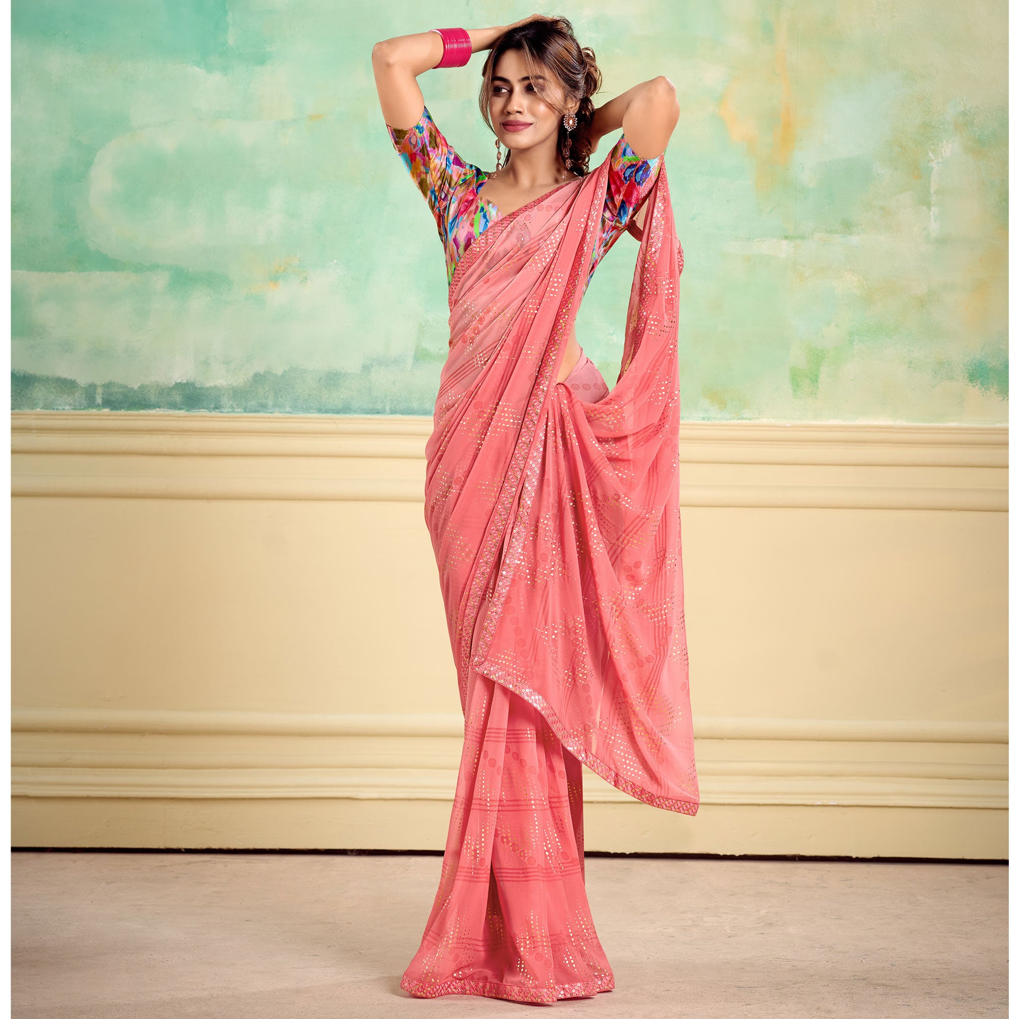 Peach Foil Printed With Sequins Georgette Saree