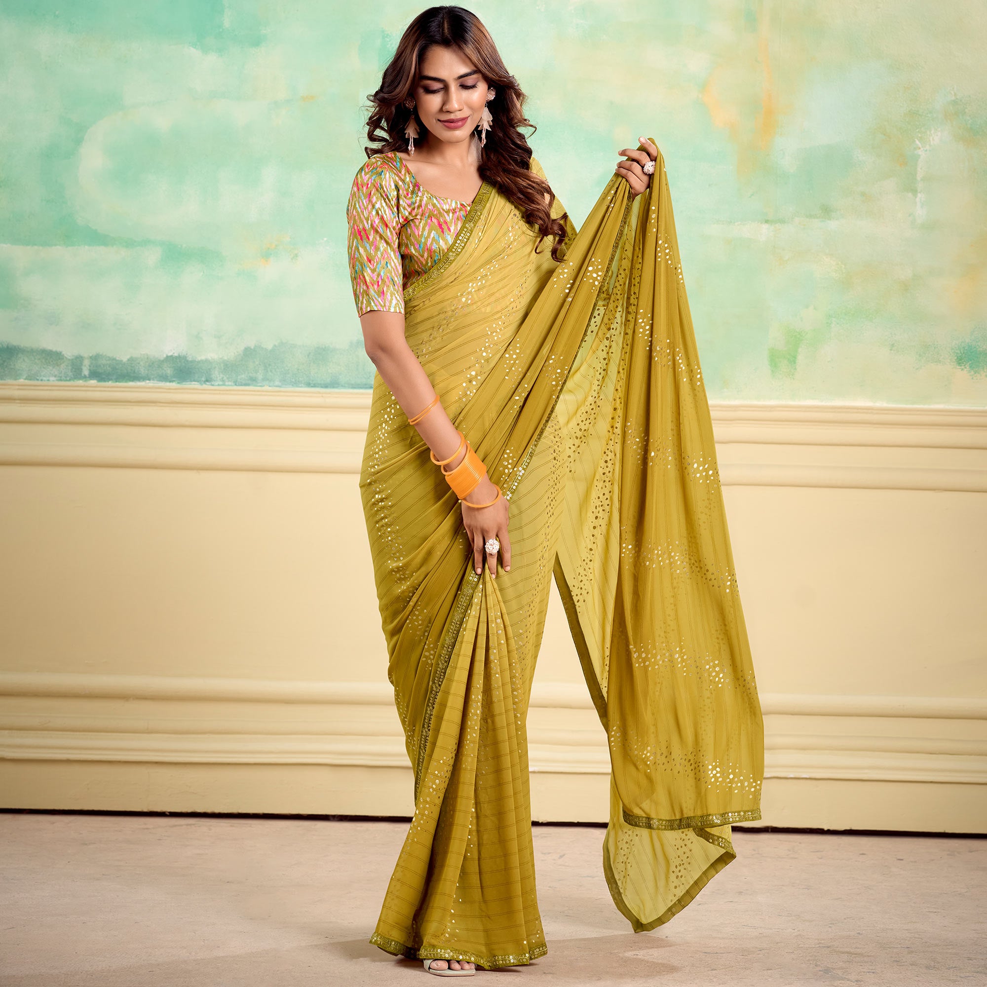 Olive Foil Printed With Sequins Georgette Saree