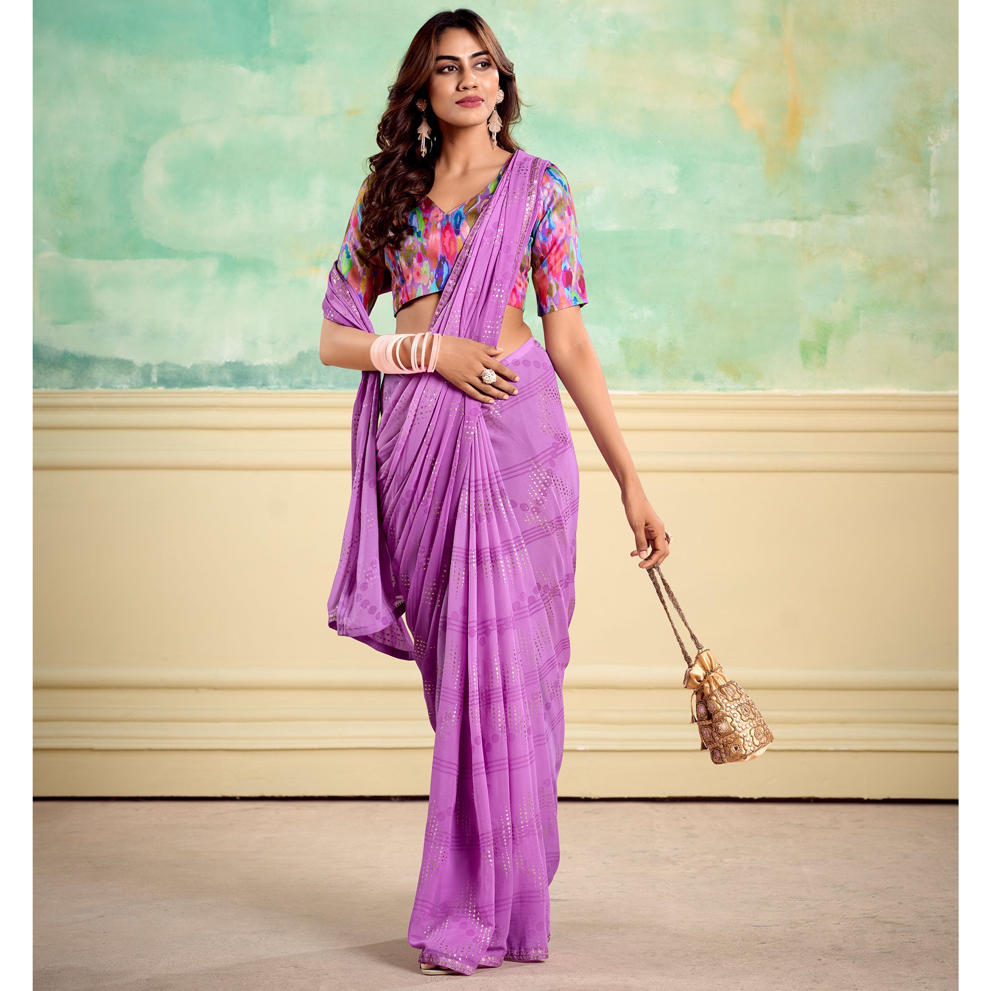 Purple Foil Printed With Sequins Georgette Saree