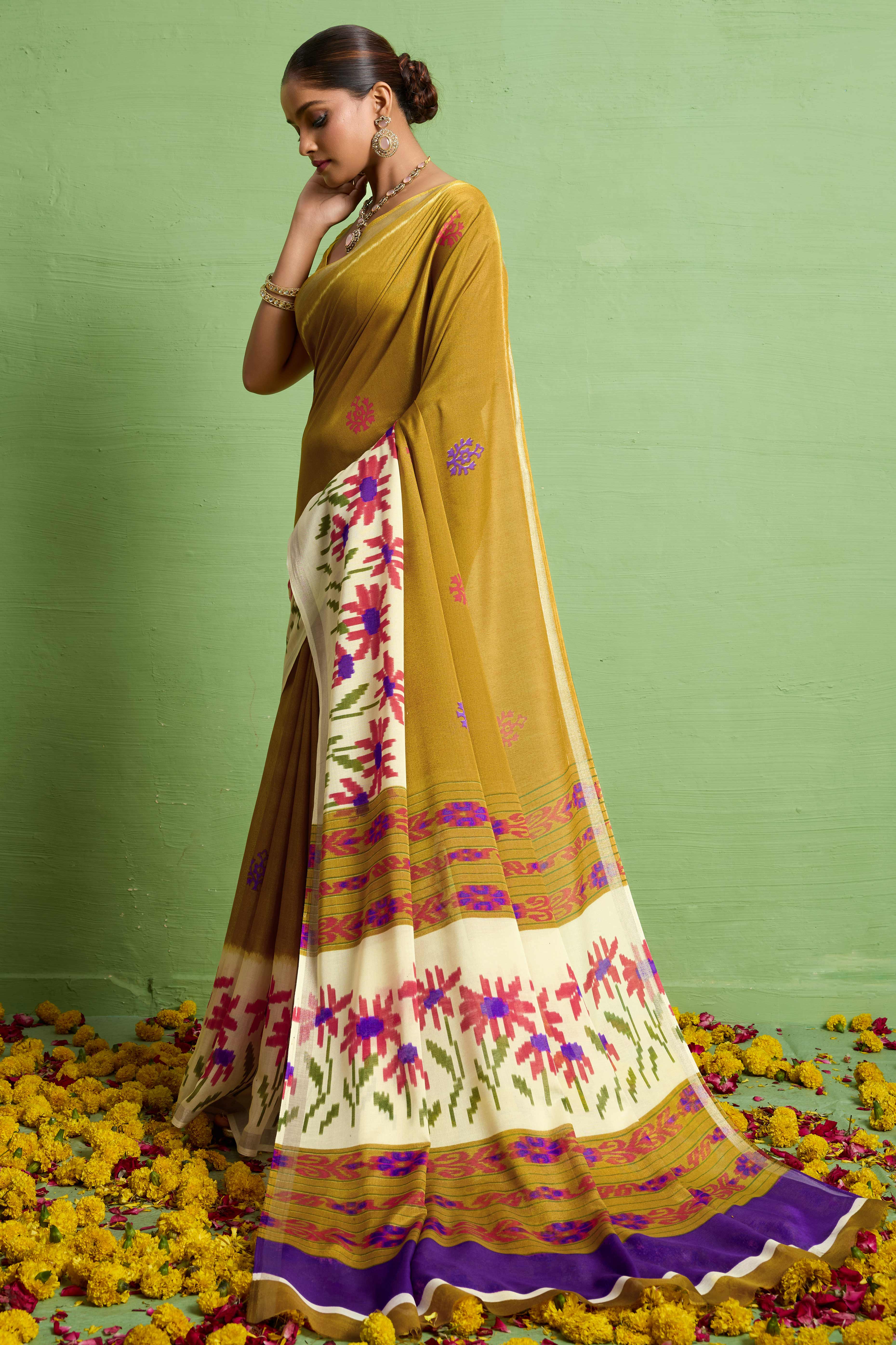 Traditional Mustard Silk Blend Saree with Ikkat Print & Zari Edging