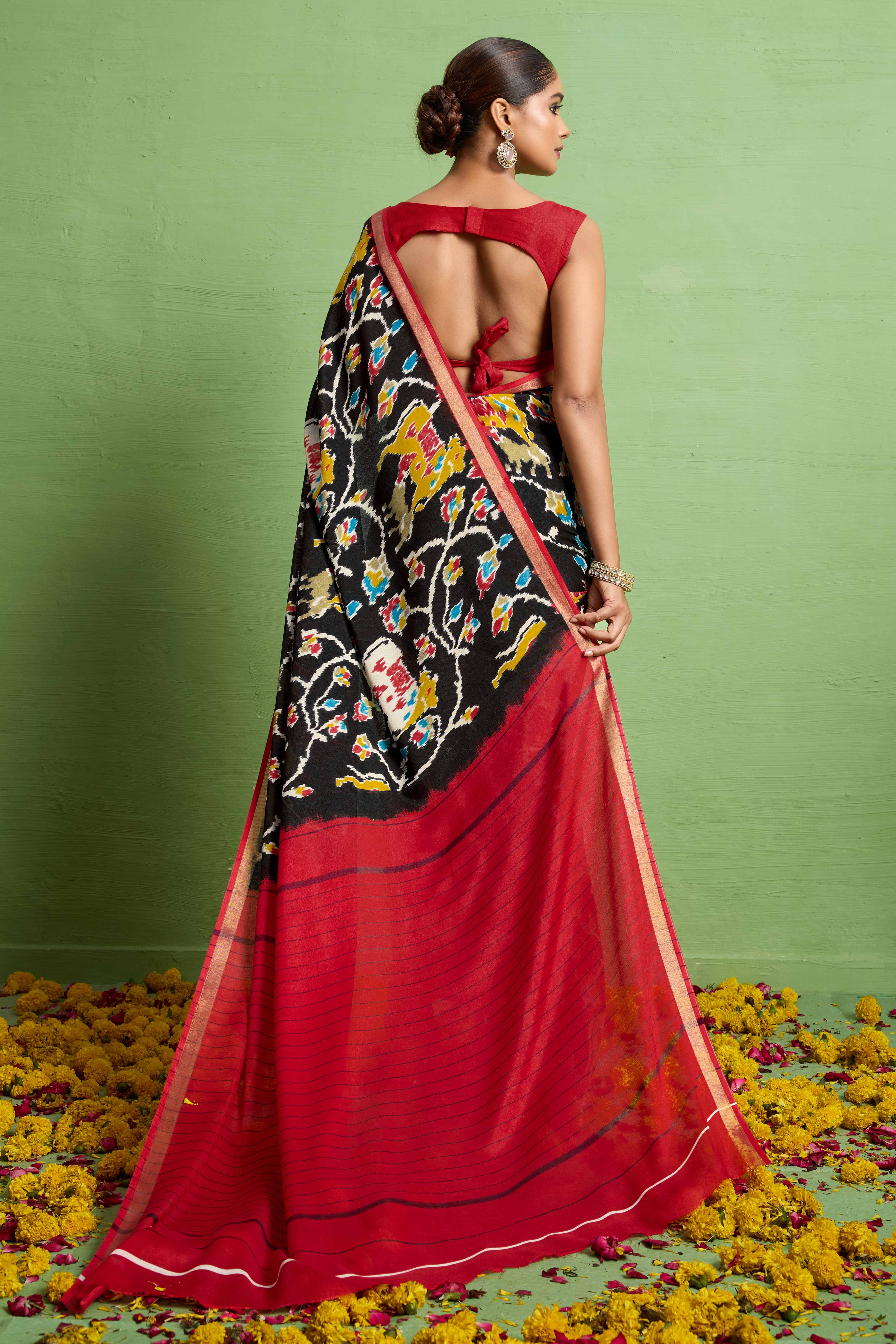 Traditional Black Silk Blend Saree with Ikkat Print & Zari Edging
