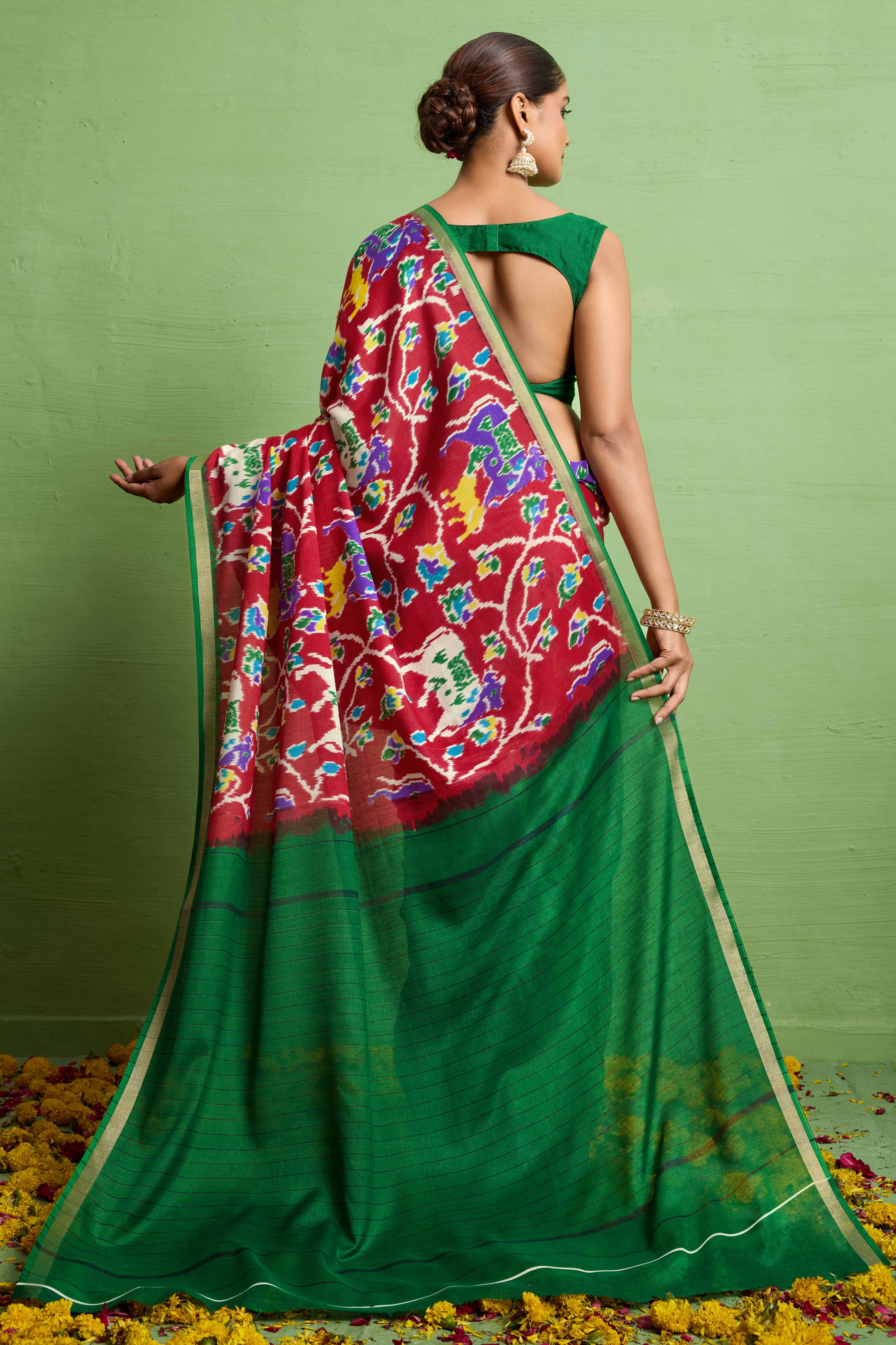 Traditional Red Silk Blend Saree with Ikkat Print & Zari Edging