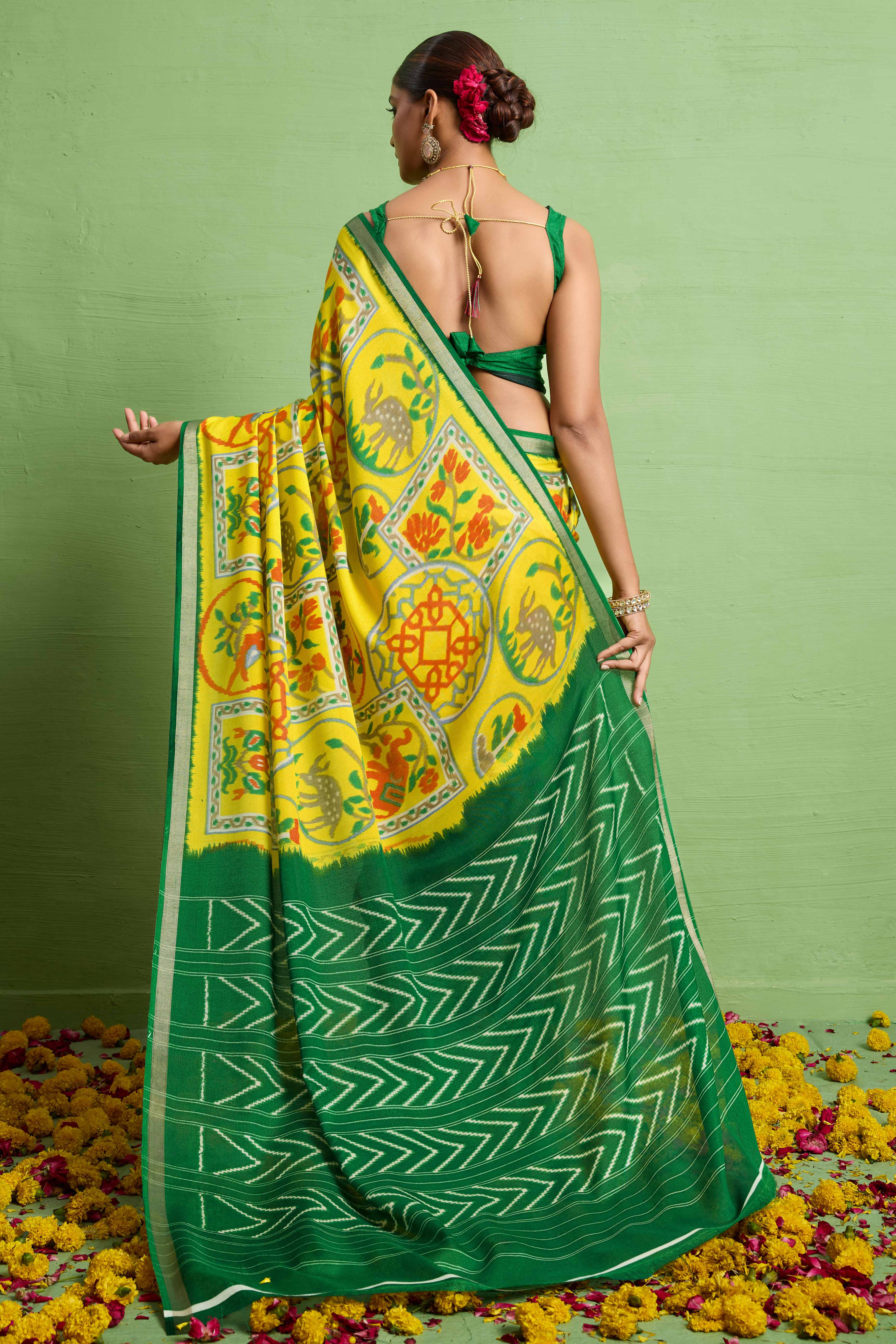Traditional Yellow Silk Blend Saree with Ikkat Print & Zari Edging
