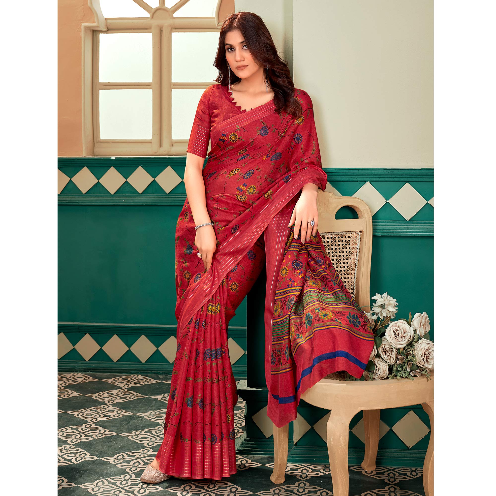 Red Floral Printed Linen Saree