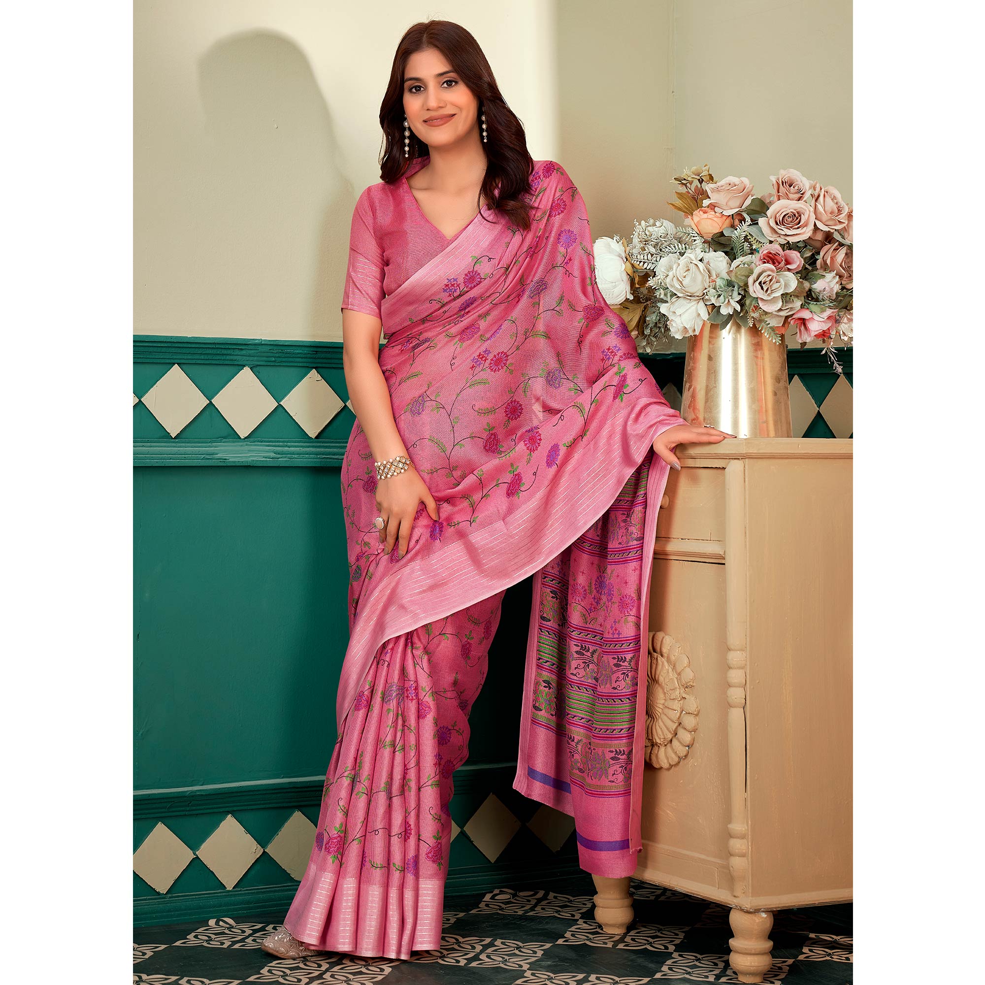Pink Floral Printed Linen Saree