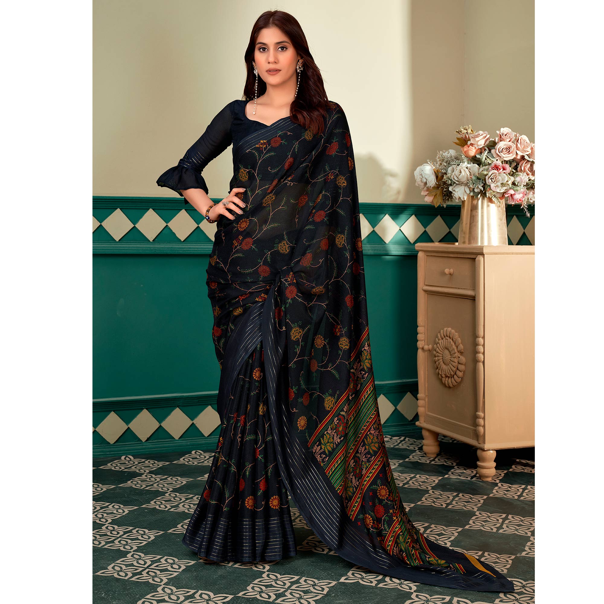 Black Floral Printed Linen Saree