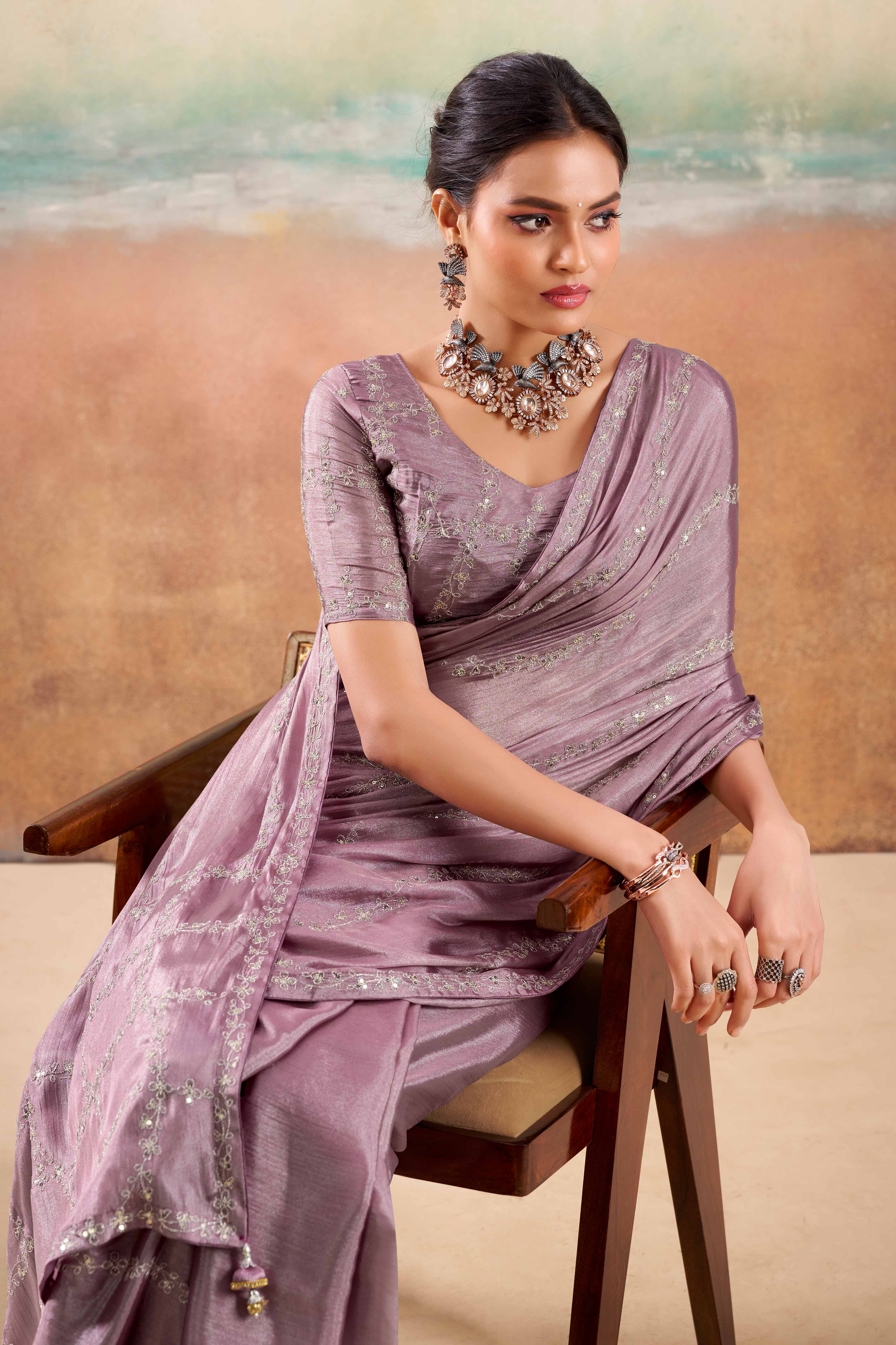 Dusty Purple Two Tone Chiffon Saree Adorned With Floral Cording Embroidery & Sequins Work