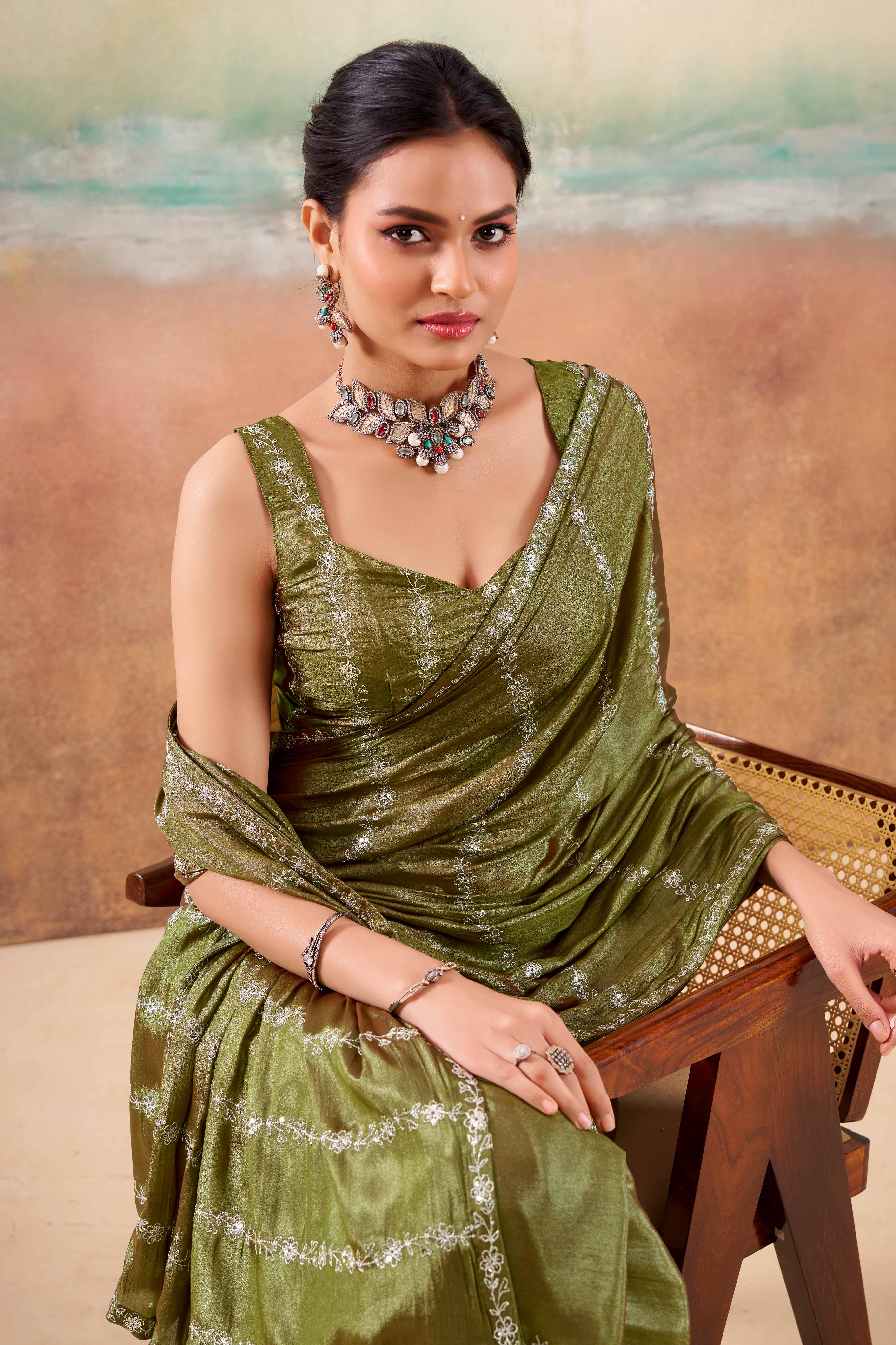 Olive Two Tone Chiffon Saree Adorned With Floral Cording Embroidery & Sequins Work