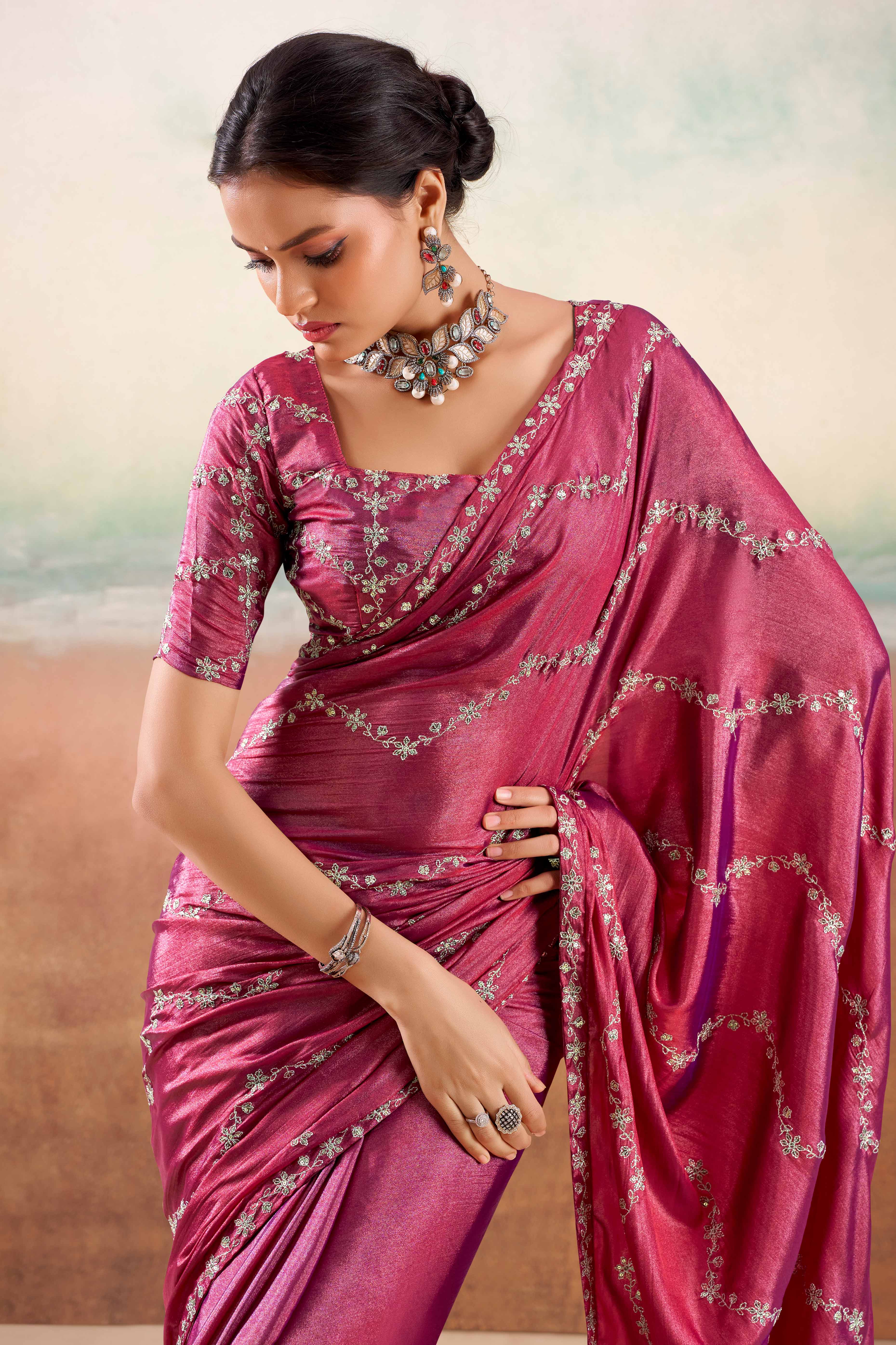 Magenta Pink Two Tone Chiffon Saree Adorned With Floral Cording Embroidery & Sequins Work