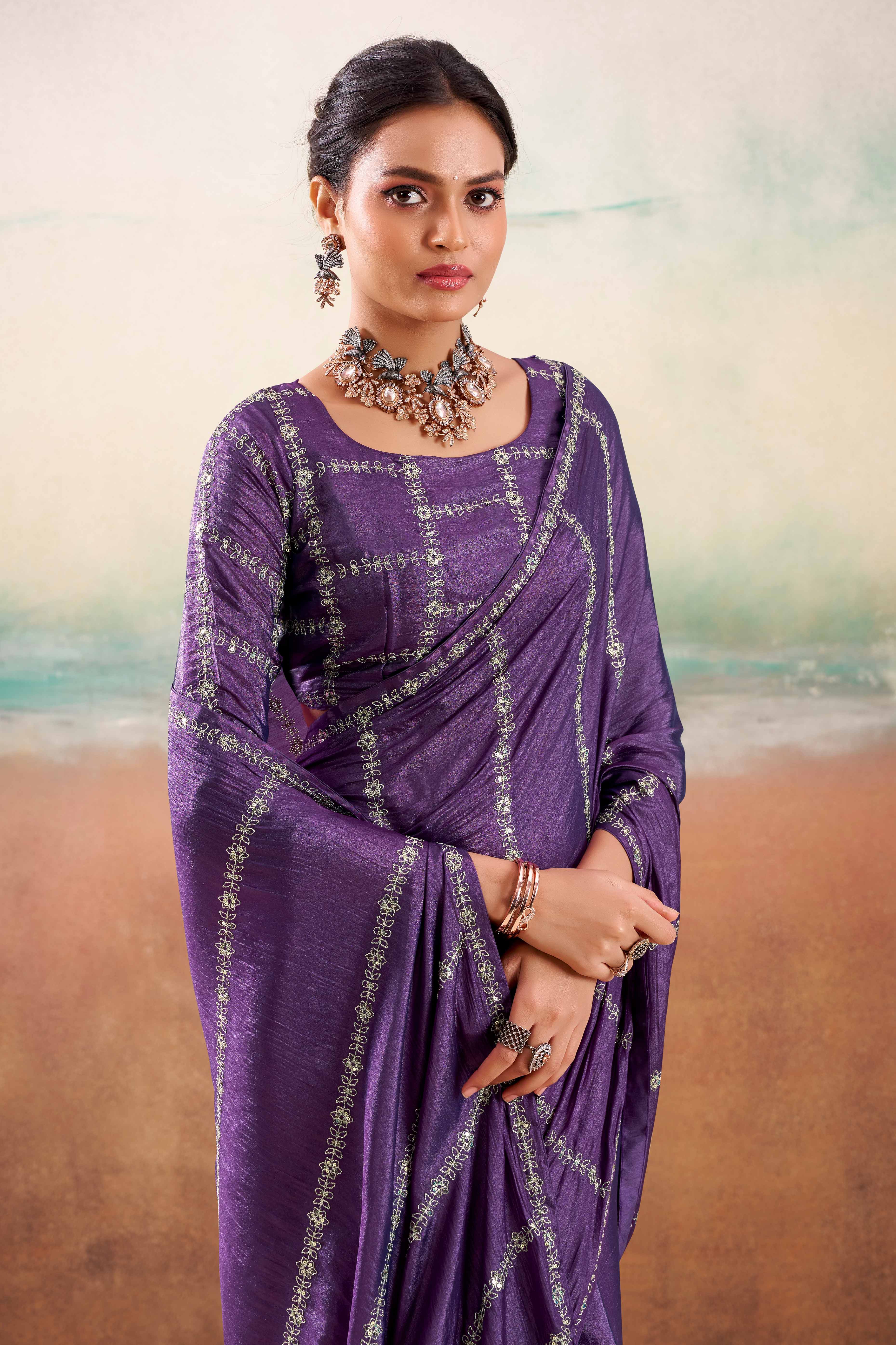 Royal Purple Two Tone Chiffon Saree Adorned With Floral Cording Embroidery & Sequins Work