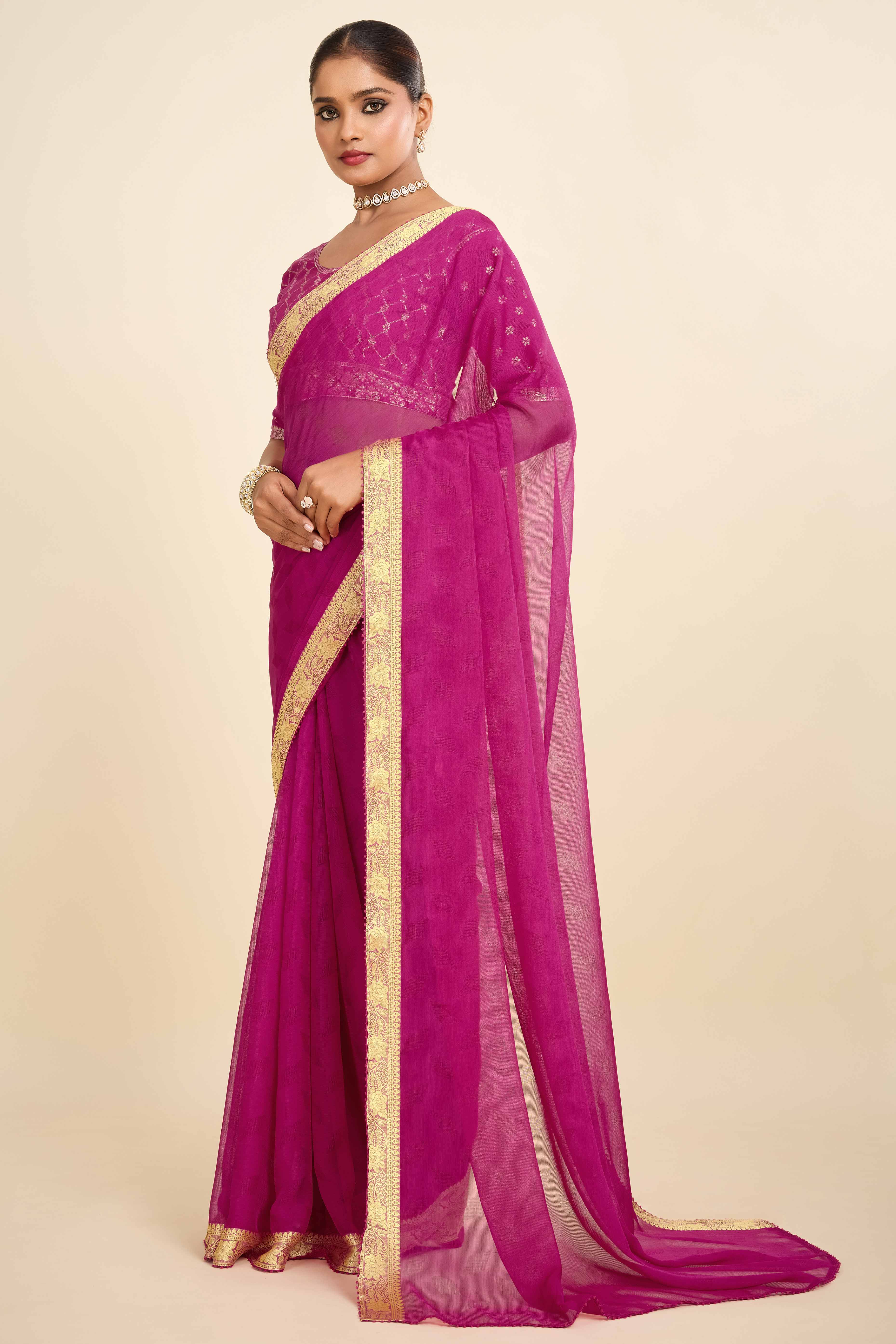Pink Printed Chiffon Saree with Intricate Woven Edging