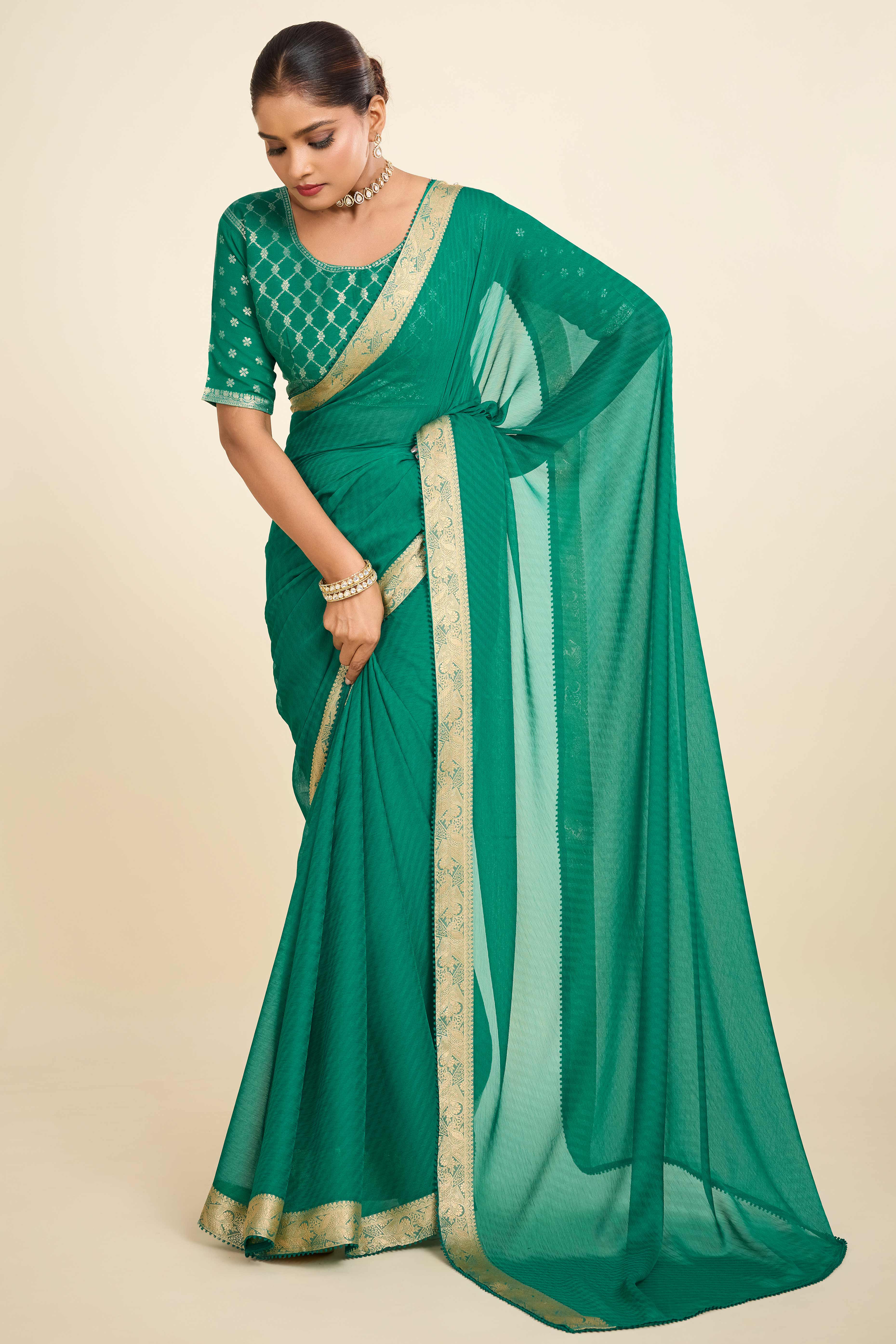 Rama Green Printed Chiffon Saree with Intricate Woven Edging