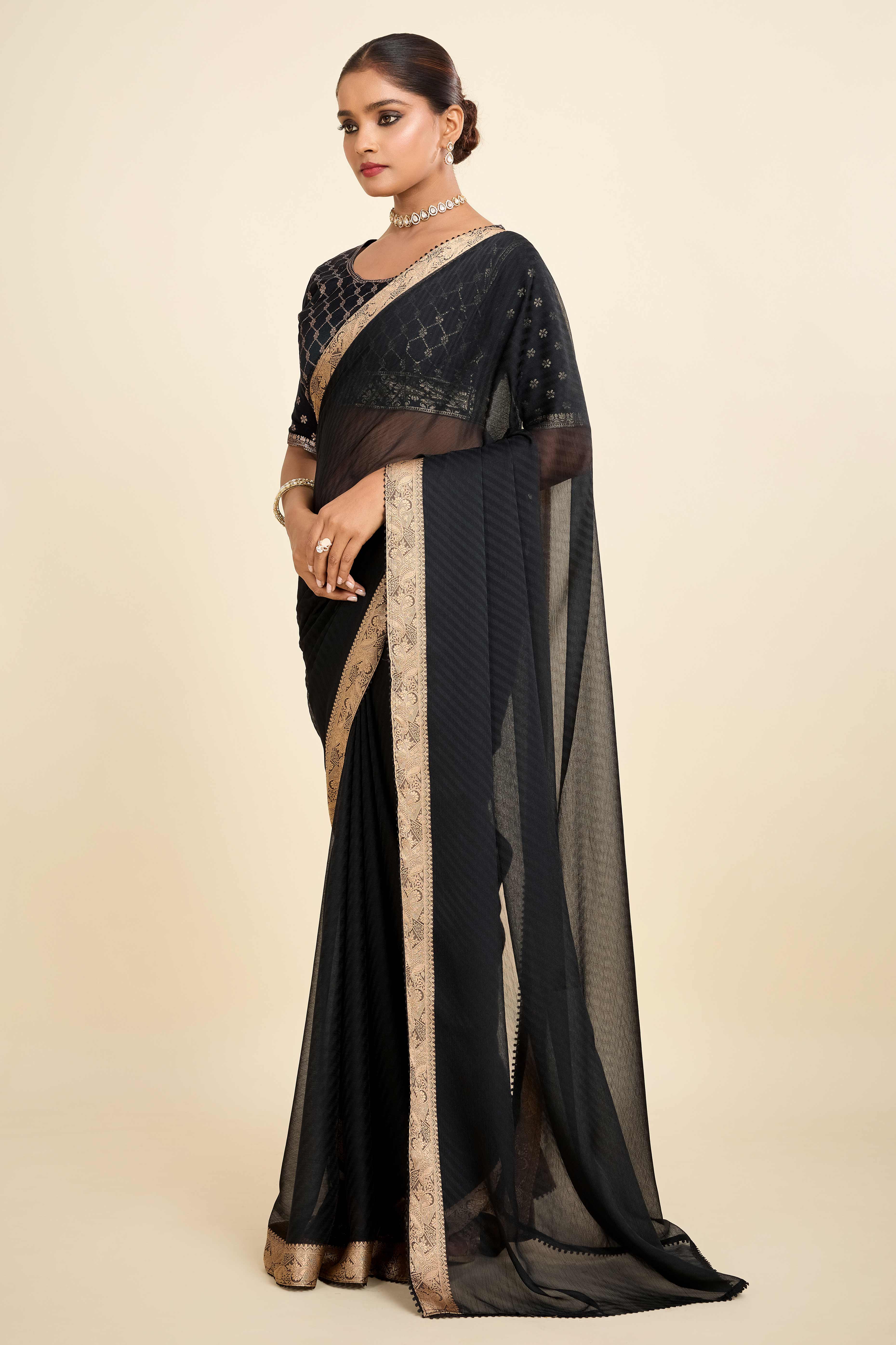 Black Printed Chiffon Saree with Intricate Woven Edging