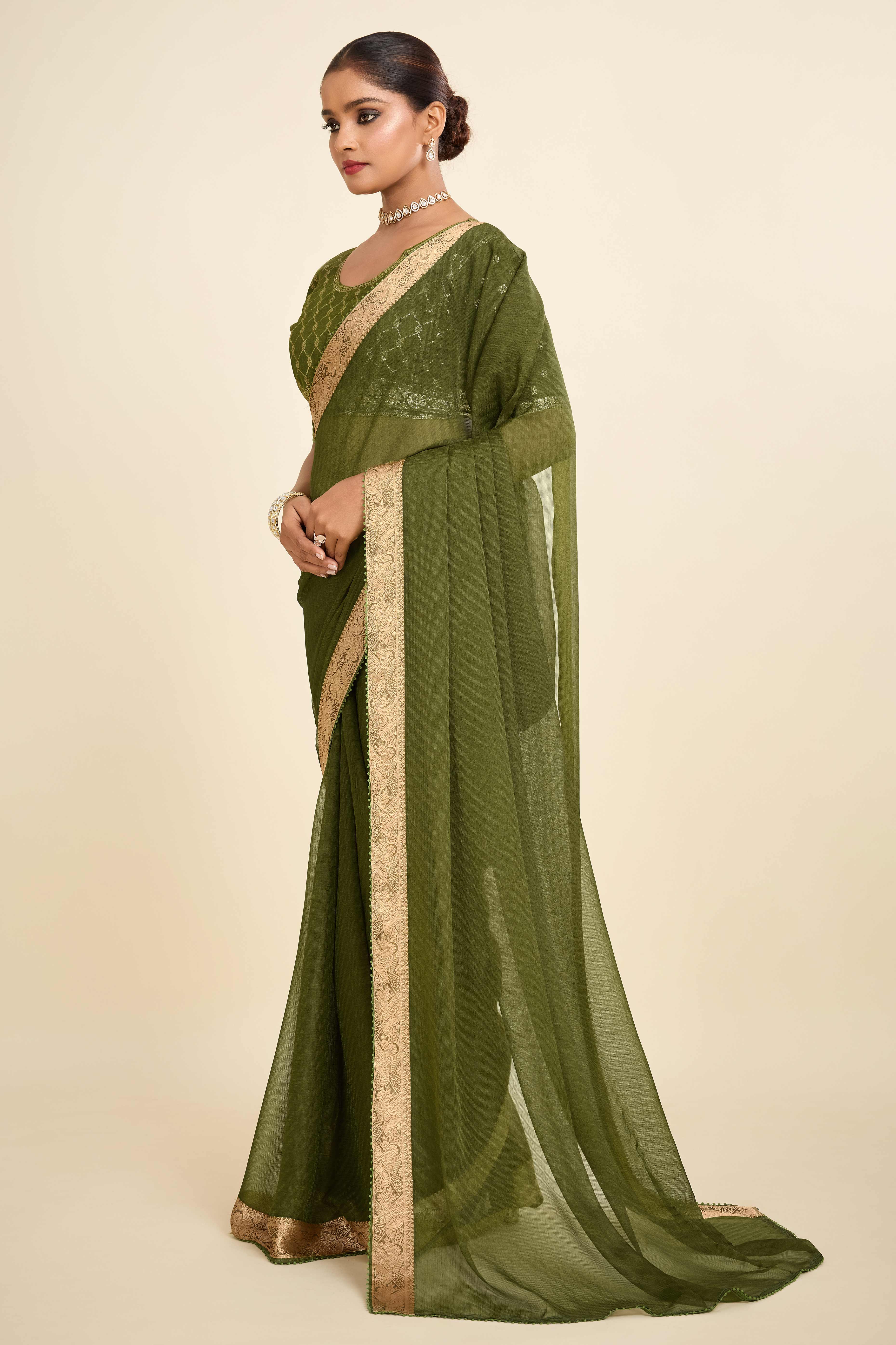 Green Printed Chiffon Saree with Intricate Woven Edging