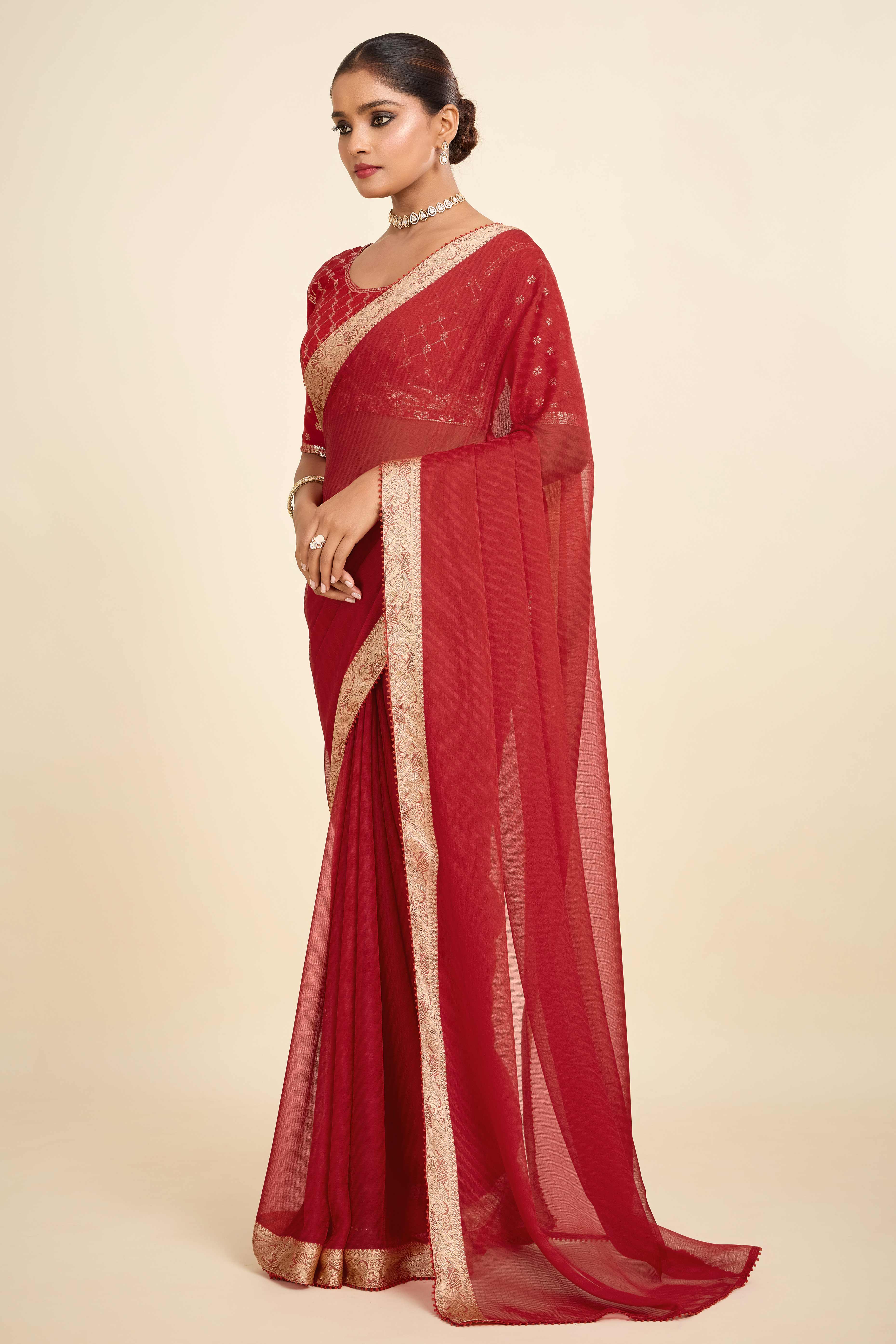 Red Printed Chiffon Saree with Intricate Woven Edging