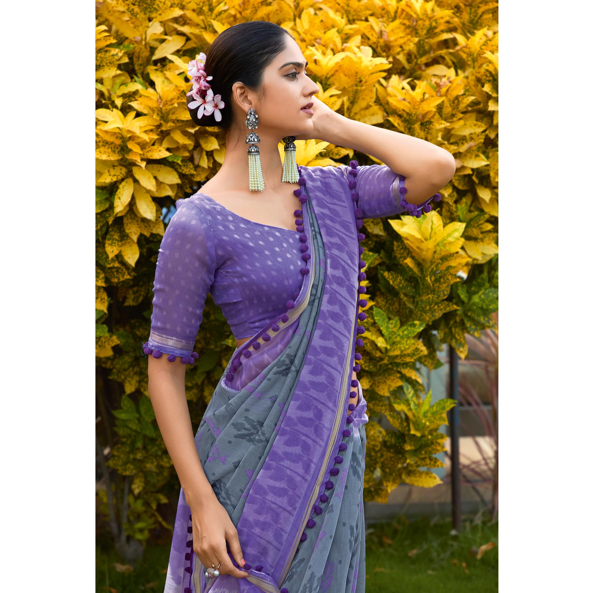Grey & Purple Printed Pure Cotton Saree With Pum Pum Border