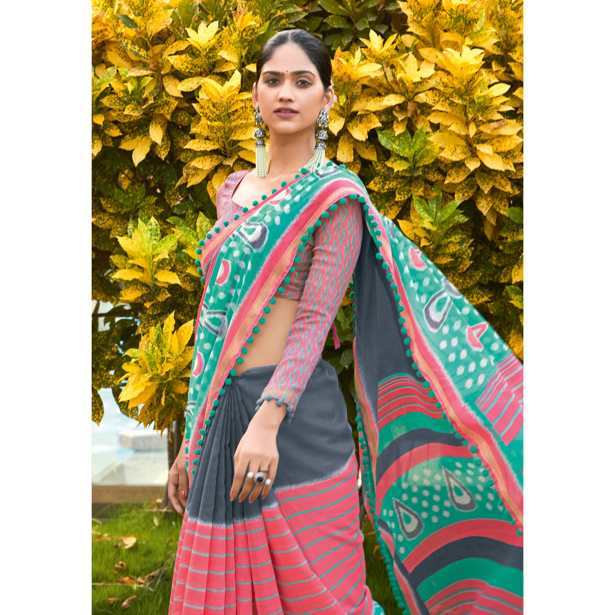 Multicolor Printed Pure Cotton Saree With Pum Pum Border