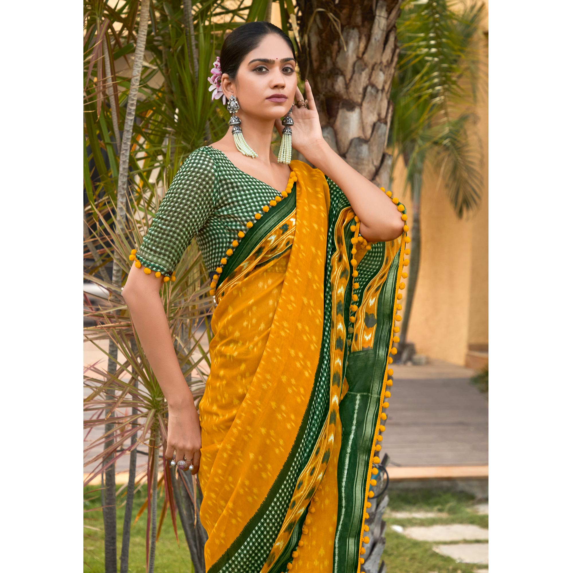 Mustard Printed Pure Cotton Saree With Pum Pum Border