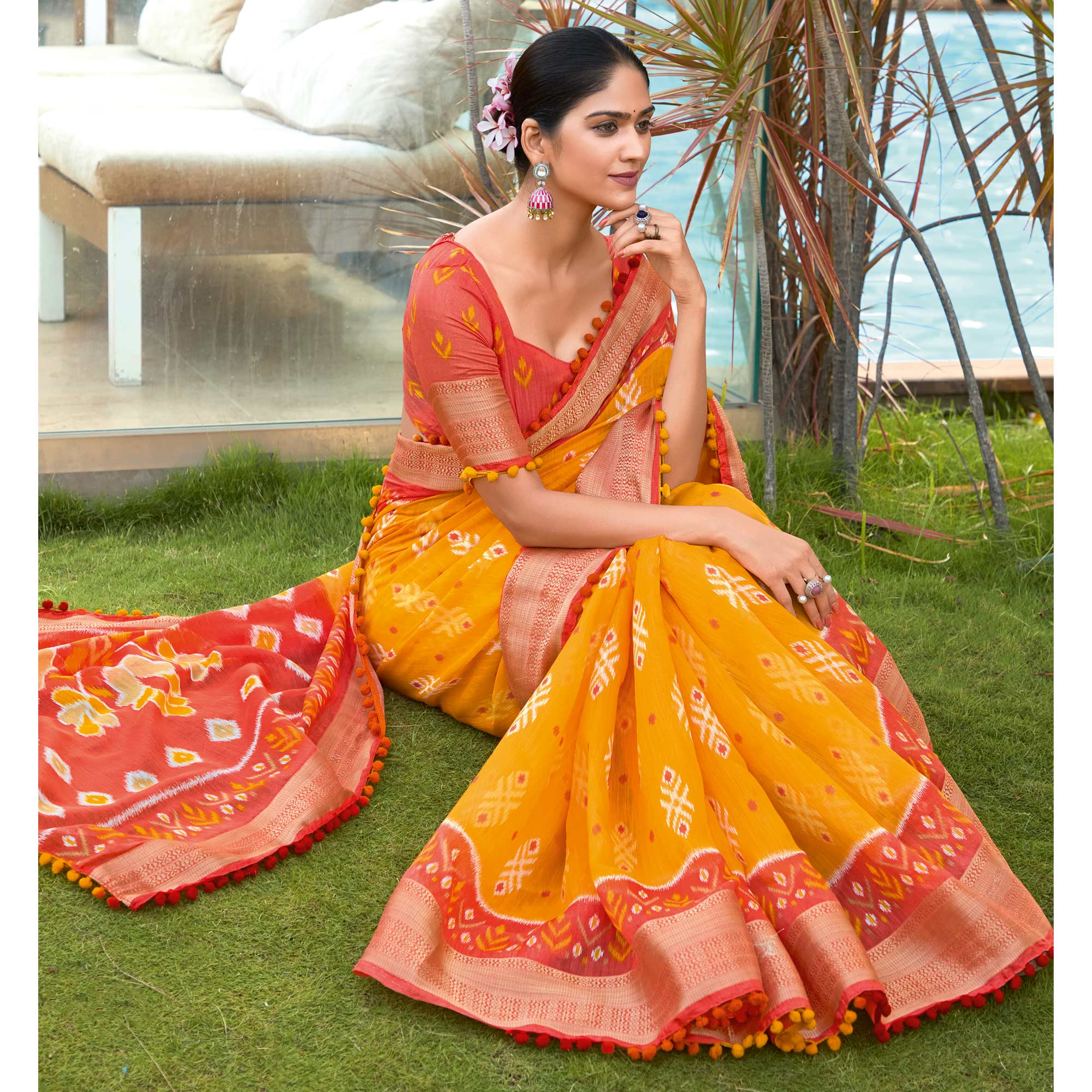 Orange Printed Pure Cotton Saree With Pum Pum Border