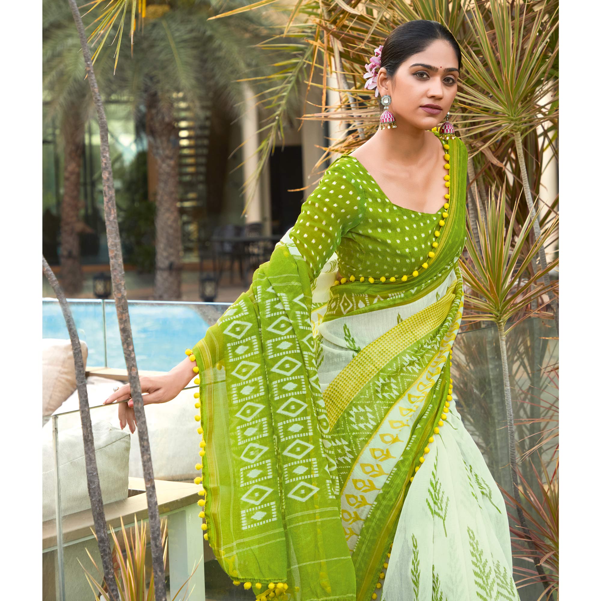 Off White Printed Pure Cotton Saree With Pum Pum Border