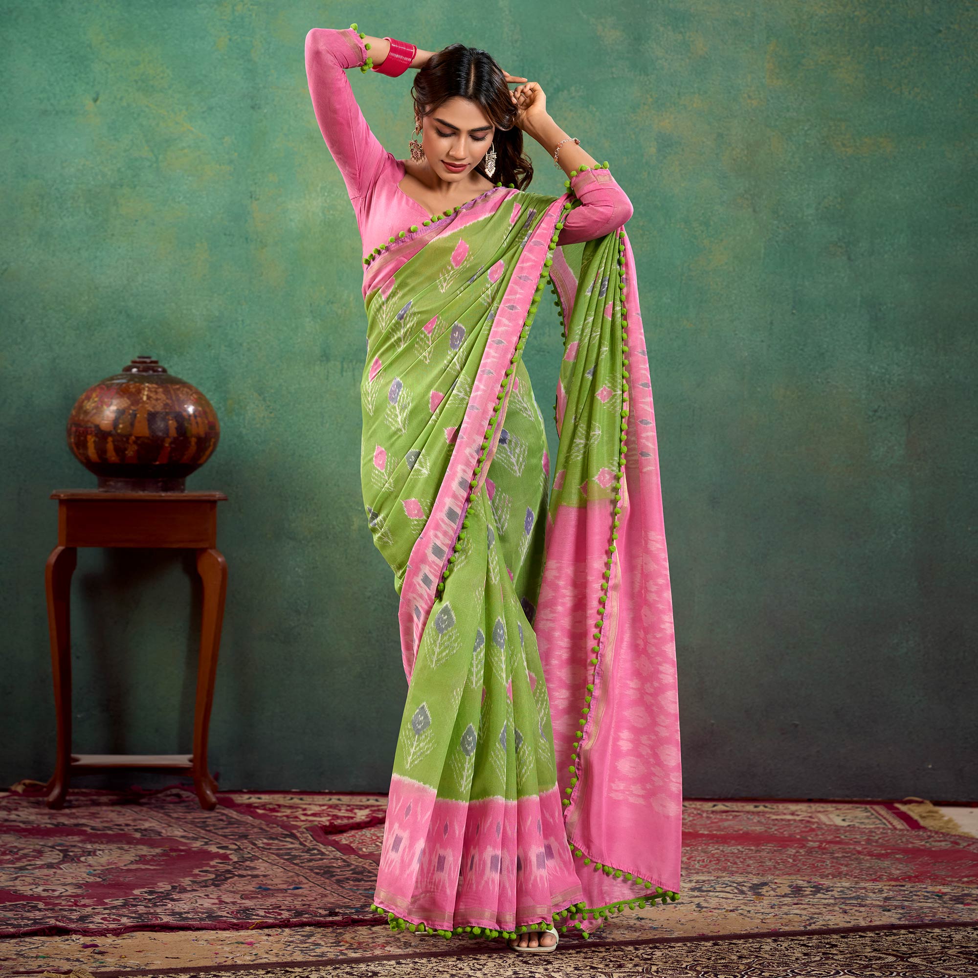 Green Ikkat Printed Mul Mul Cotton Saree