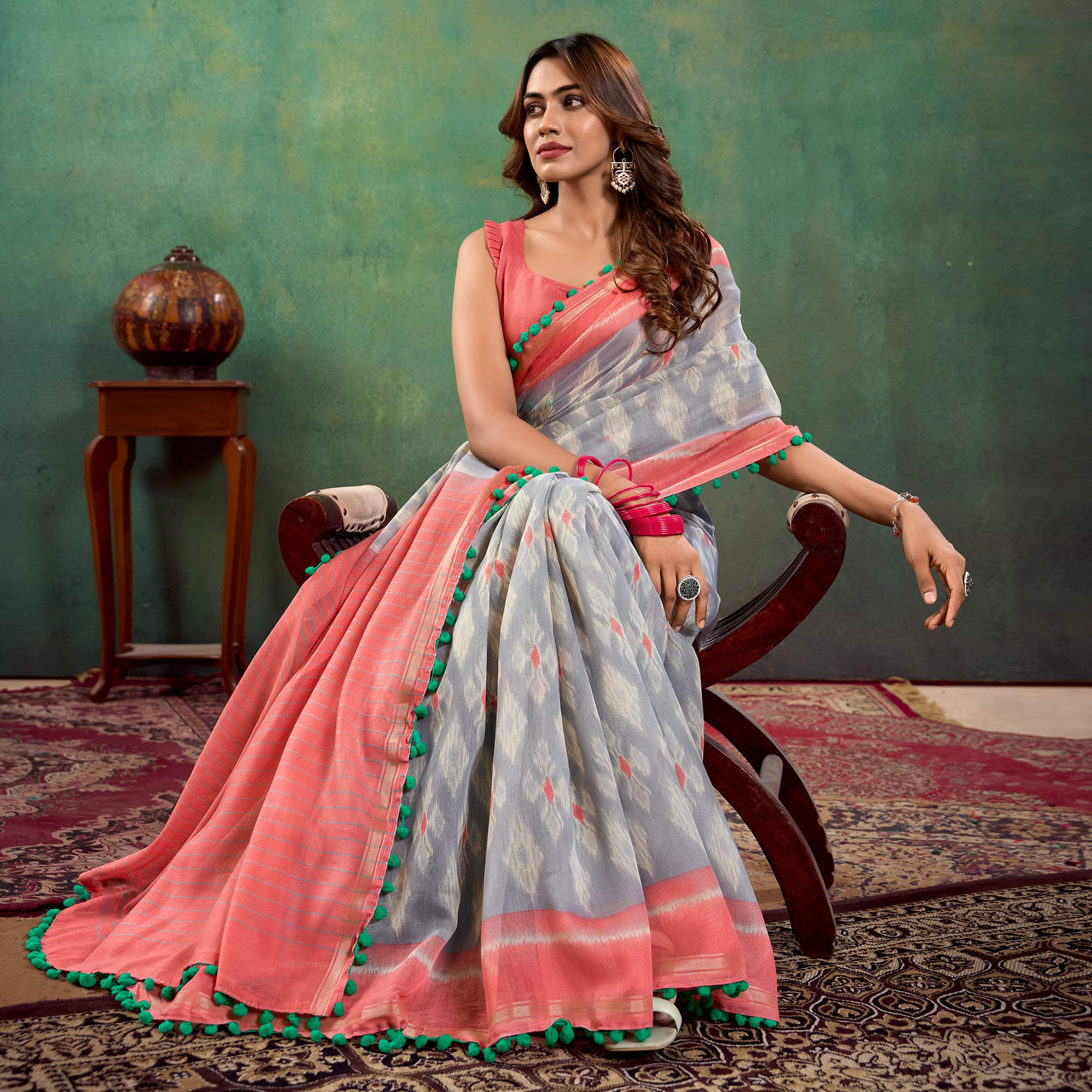 Grey Ikkat Printed Mul Mul Cotton Saree
