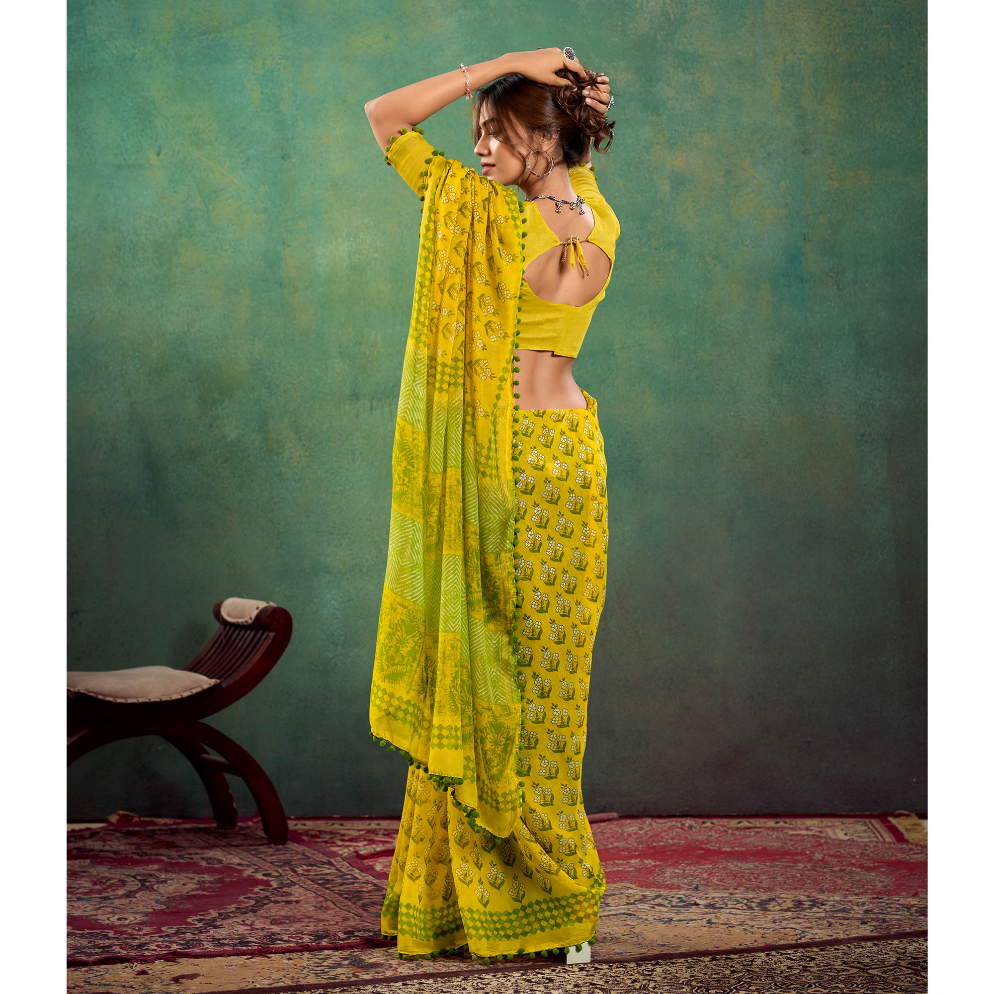 Mustard Floral Printed Mul Mul Cotton Saree