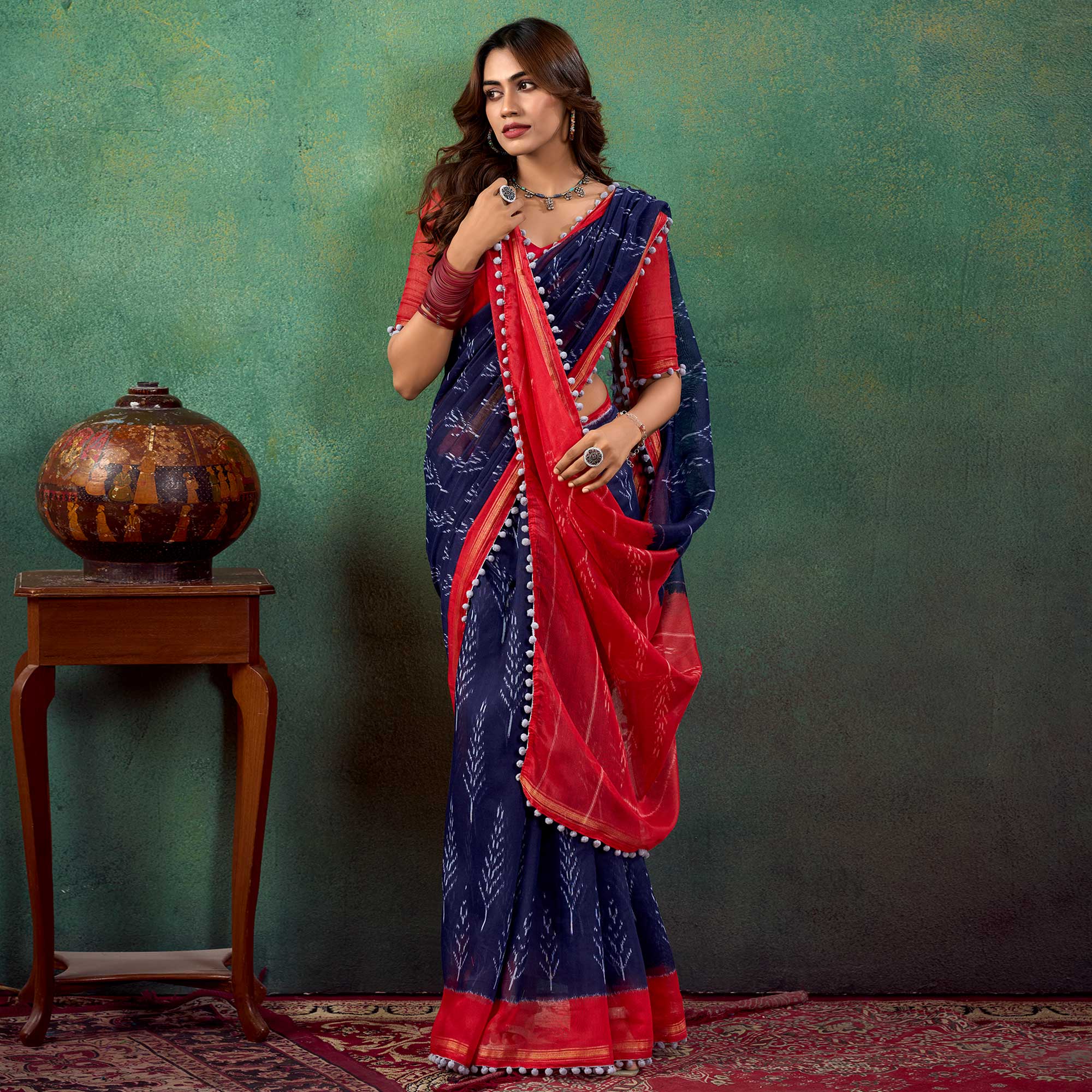Blue Ikkat Printed Mul Mul Cotton Saree