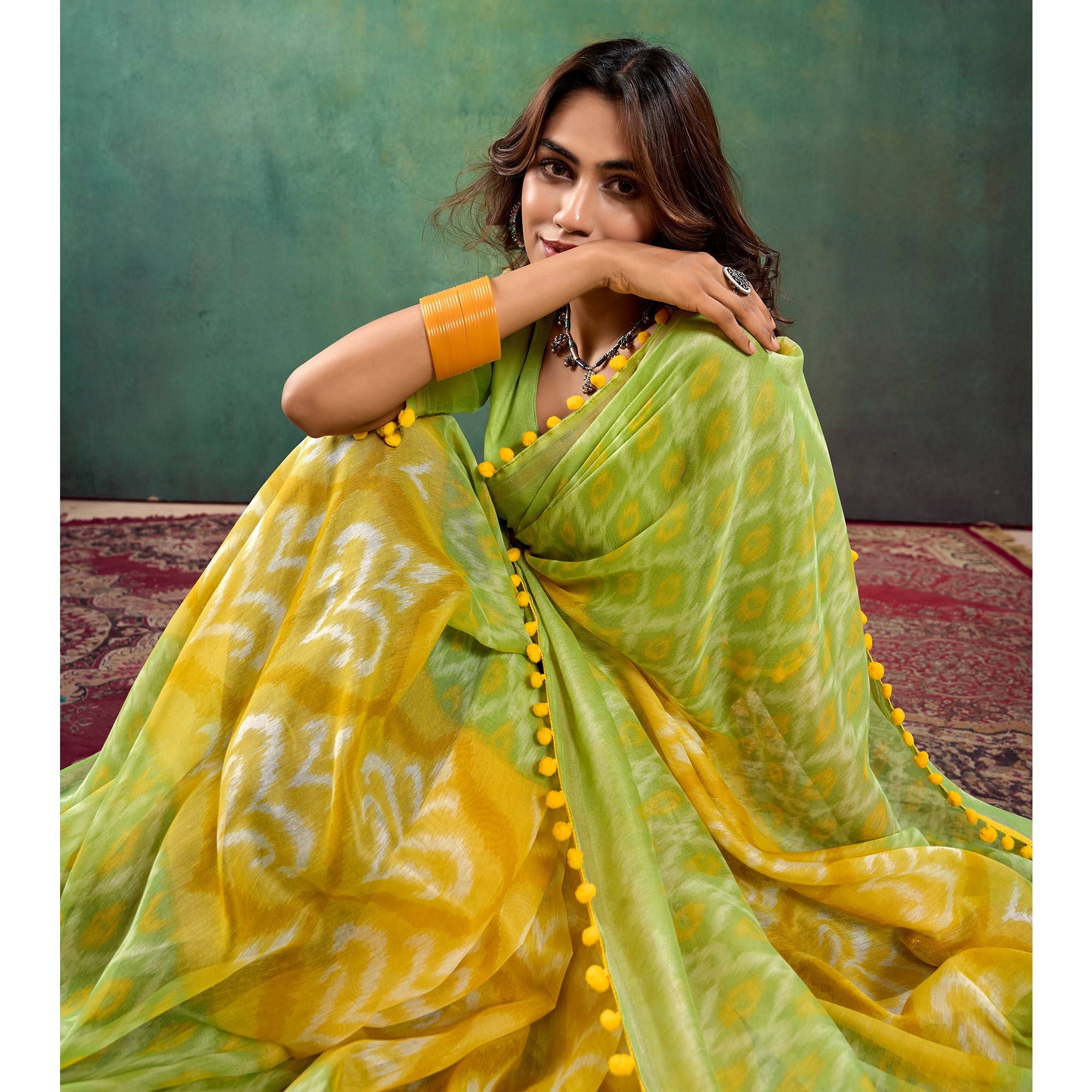 Green & Yellow Ikkat Printed Mul Mul Cotton Saree