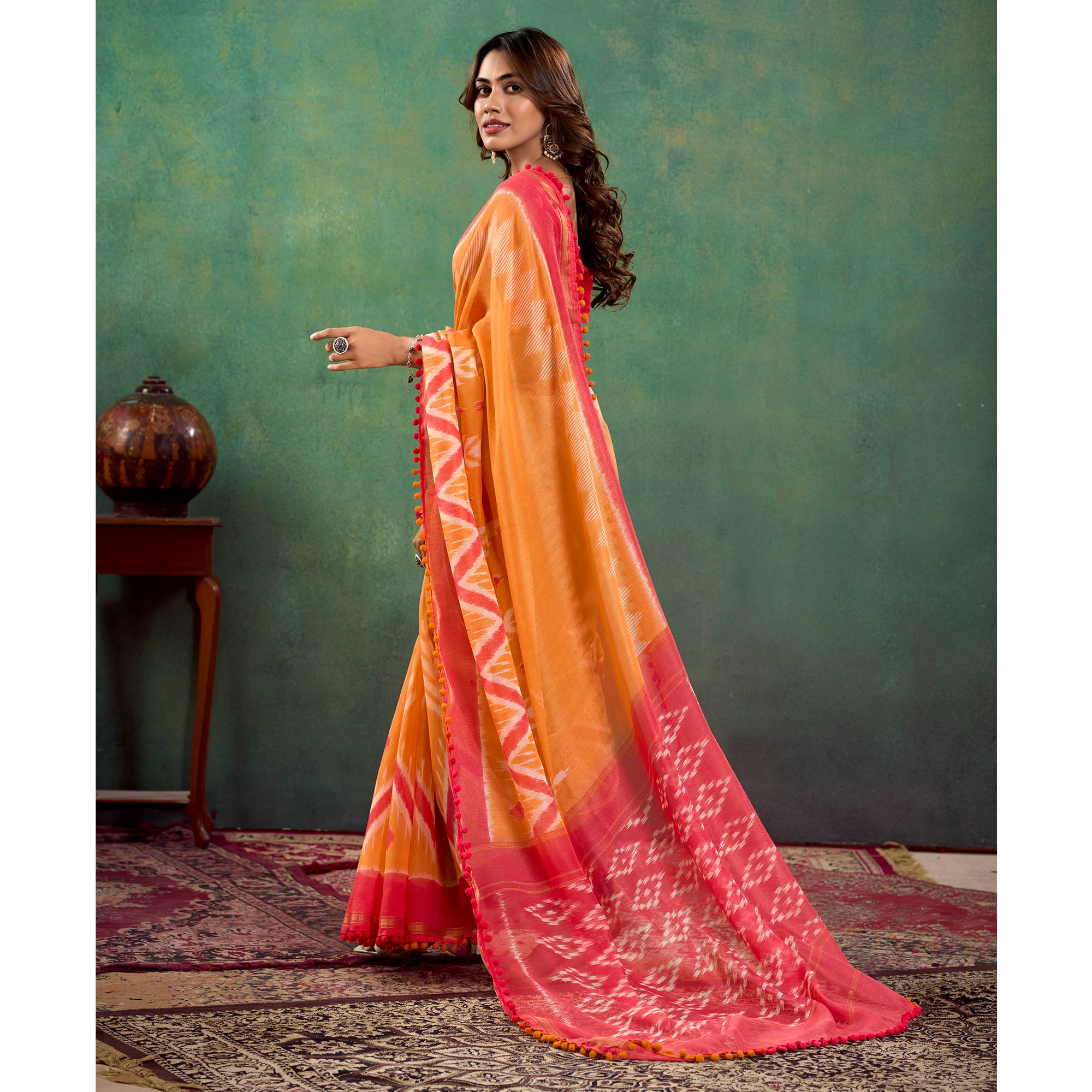 Orange Ikkat Printed Mul Mul Cotton Saree