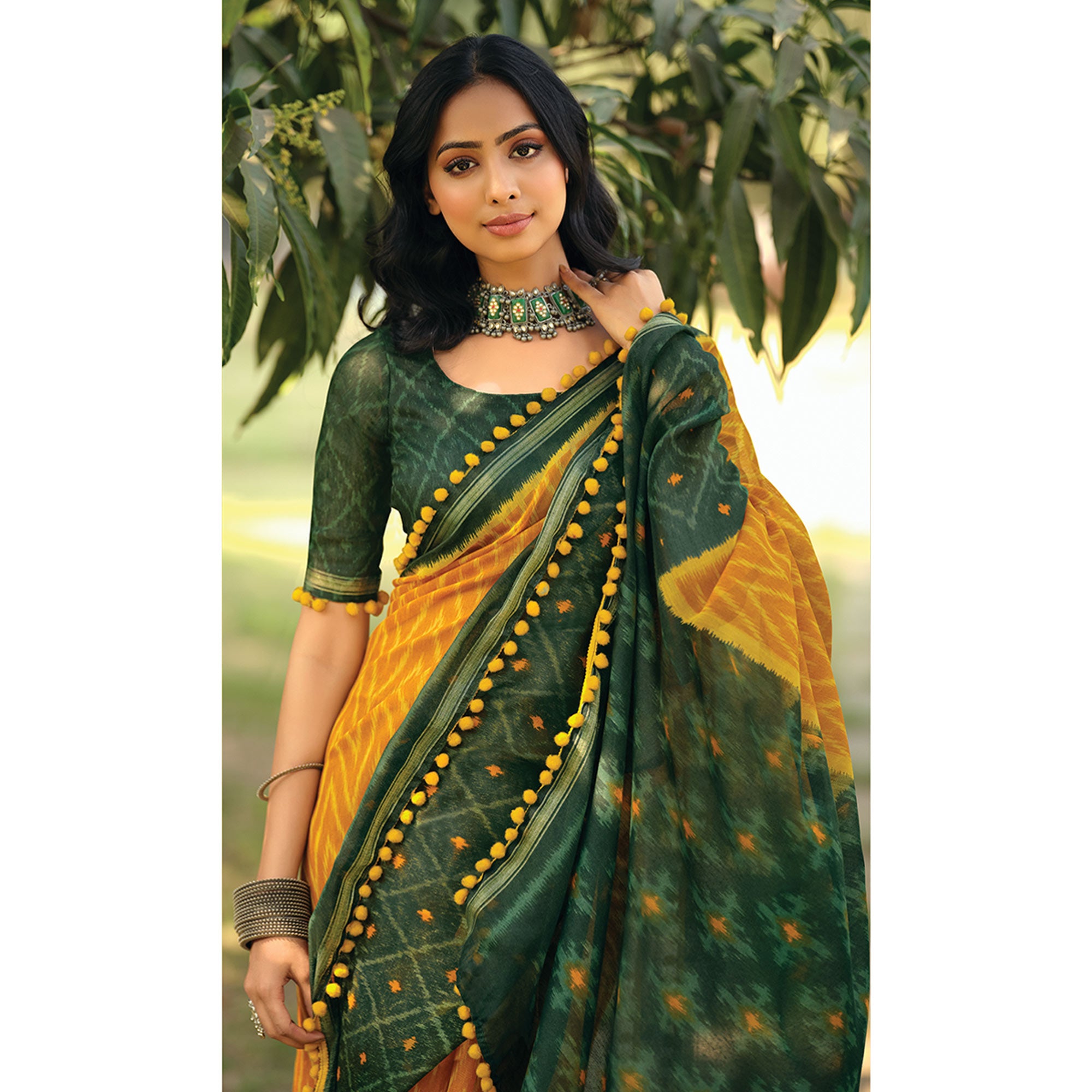 Mustard Printed Cotton Blend Saree With Pumpum Lace