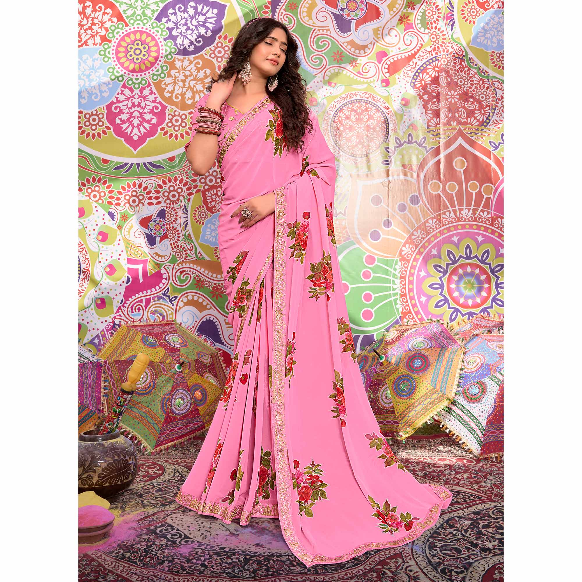 Pink Floral Printed Georgette Saree With Sequins Work Border