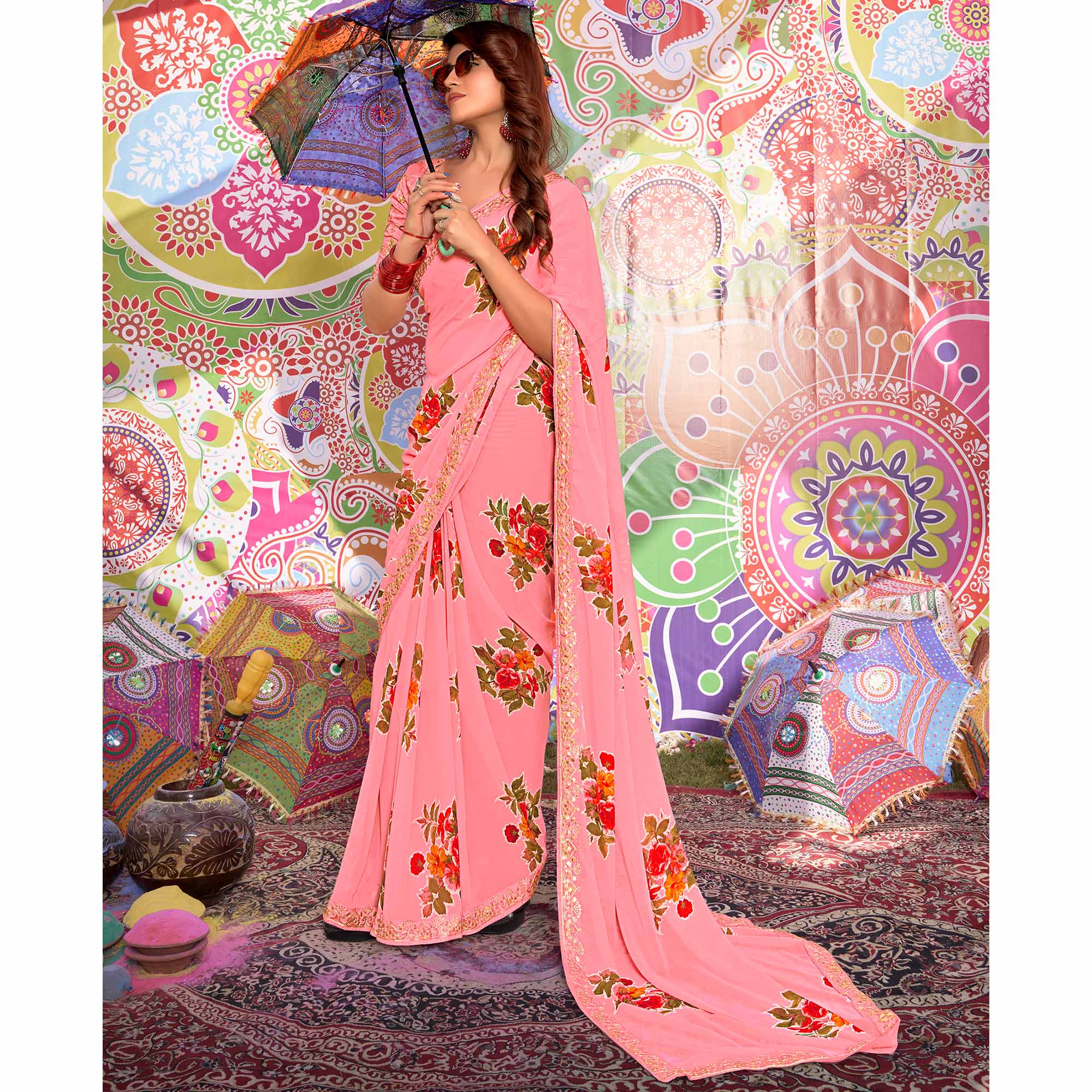 Peach Floral Printed Georgette Saree With Sequins Work Border