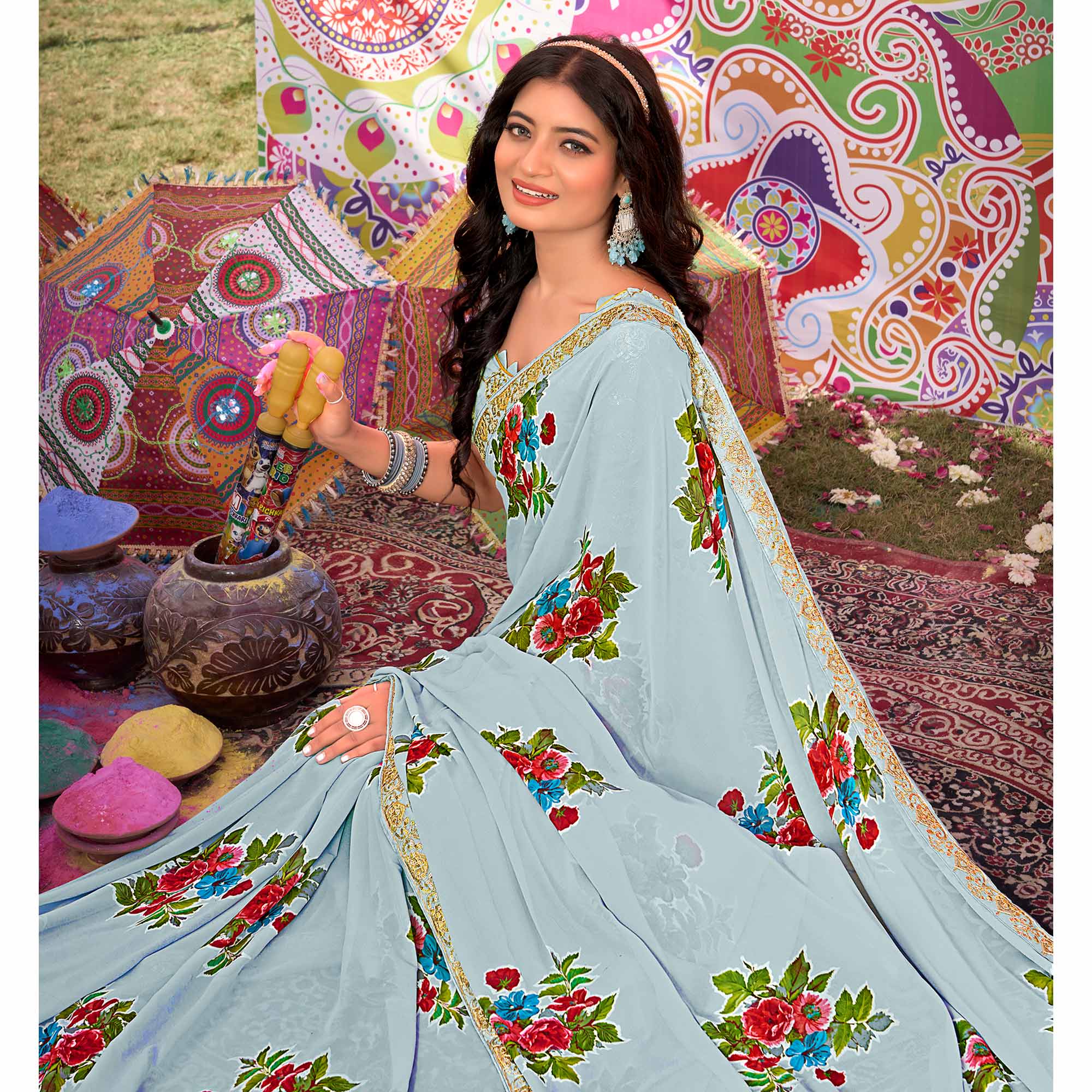 Blue Floral Printed Georgette Saree With Sequins Work Border