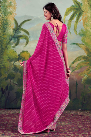 Pink Bandhani Printed Georgette Saree With Embroidered Border