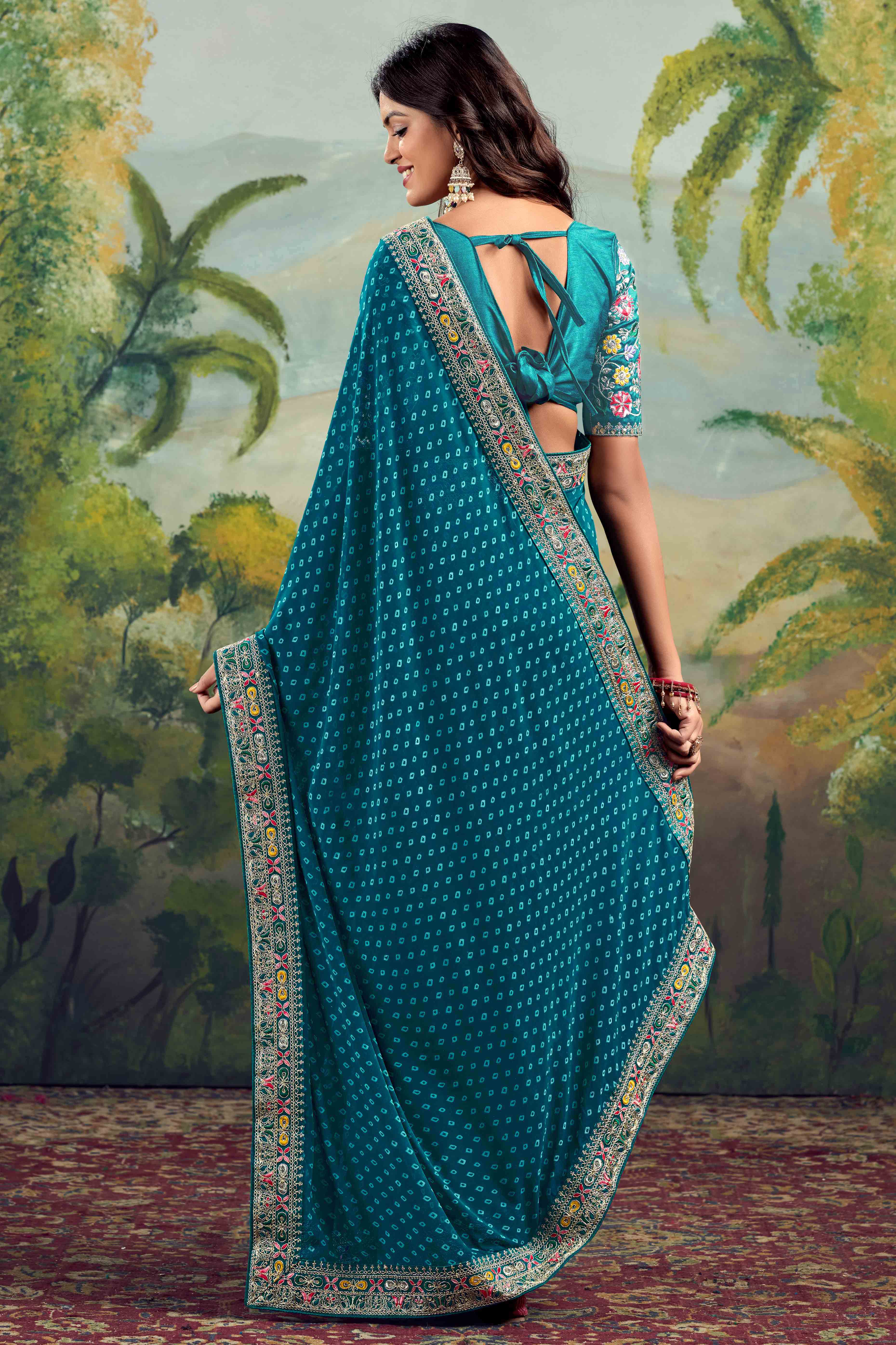 Teal Bandhani Printed Georgette Saree With Embroidered Border