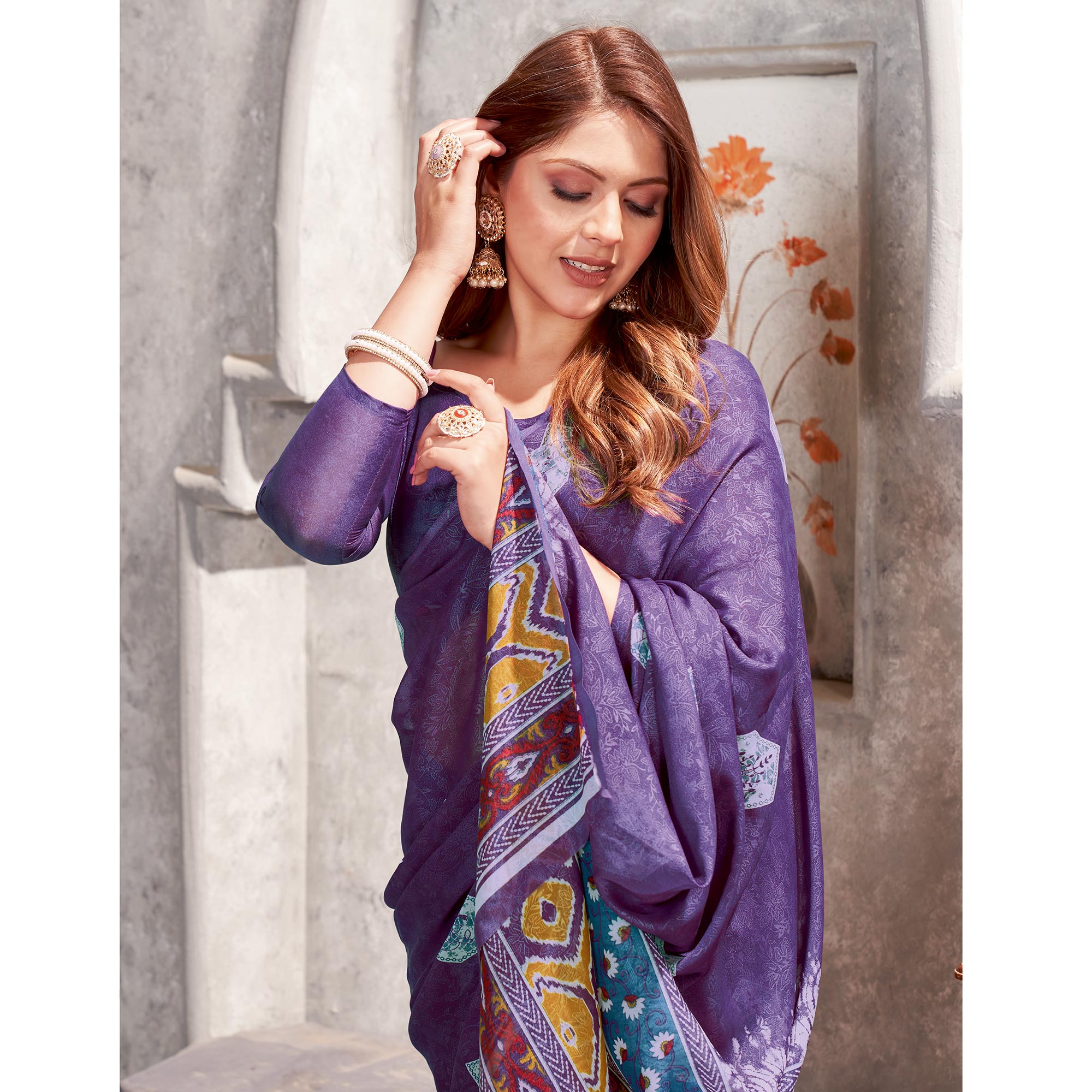 Purple Floral Printed Chiffon Saree