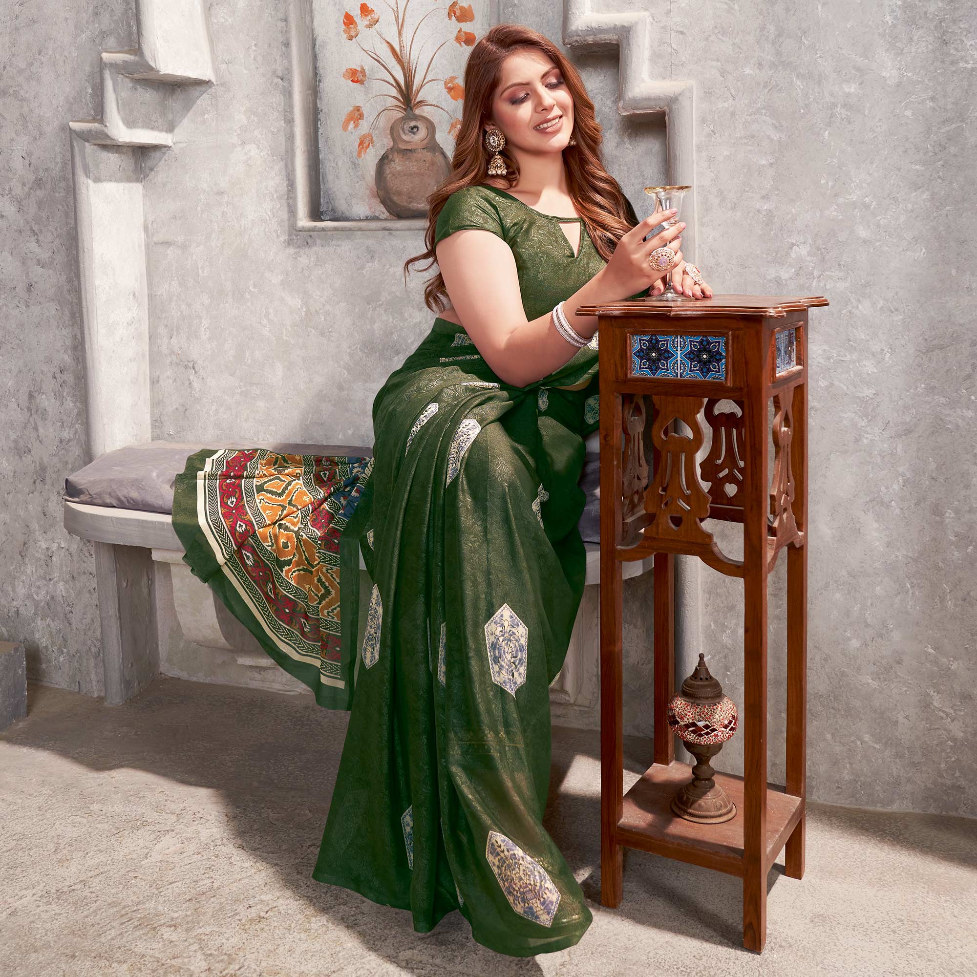 Green Floral Printed Chiffon Saree