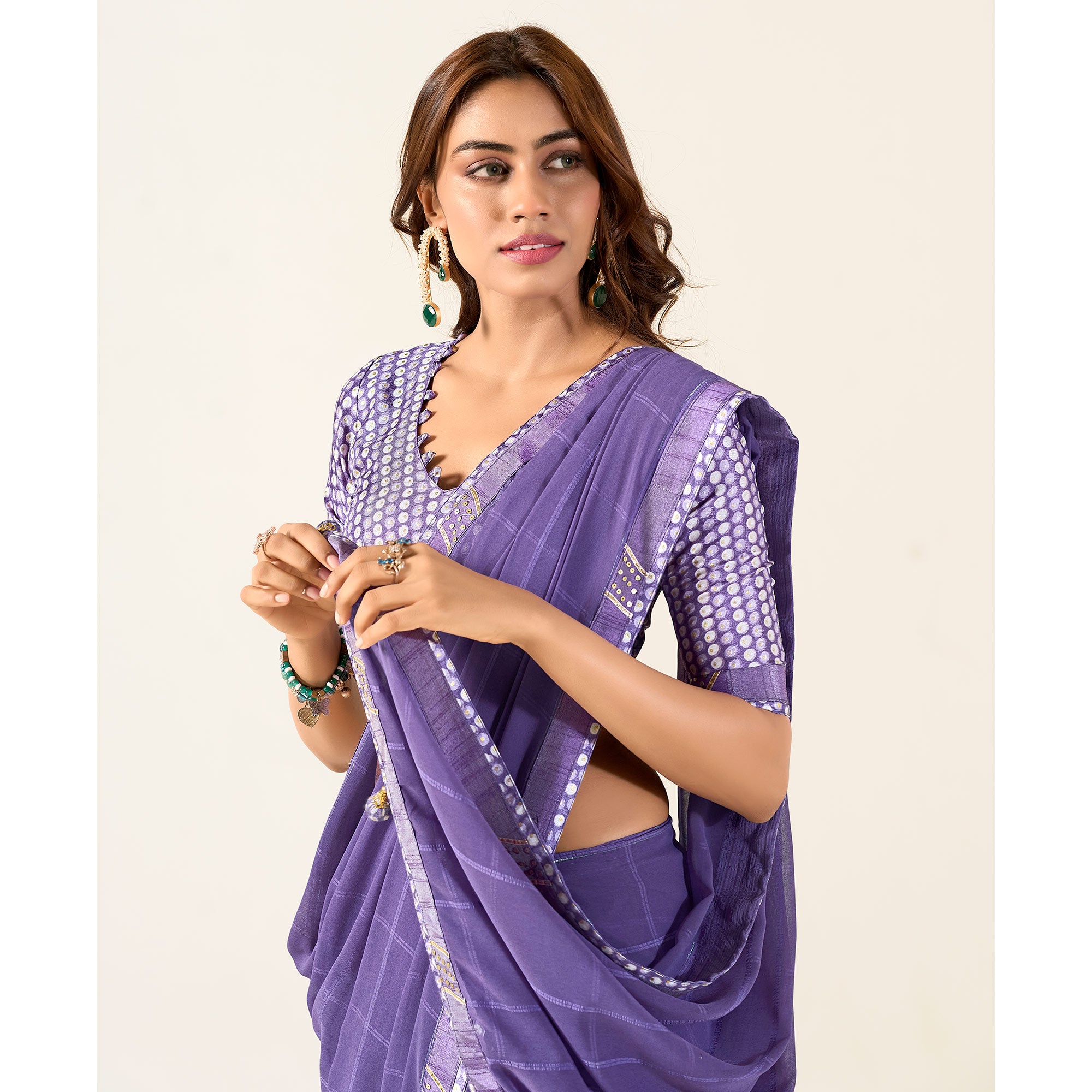 Purple Printed With Woven Georgette Saree With Tassels