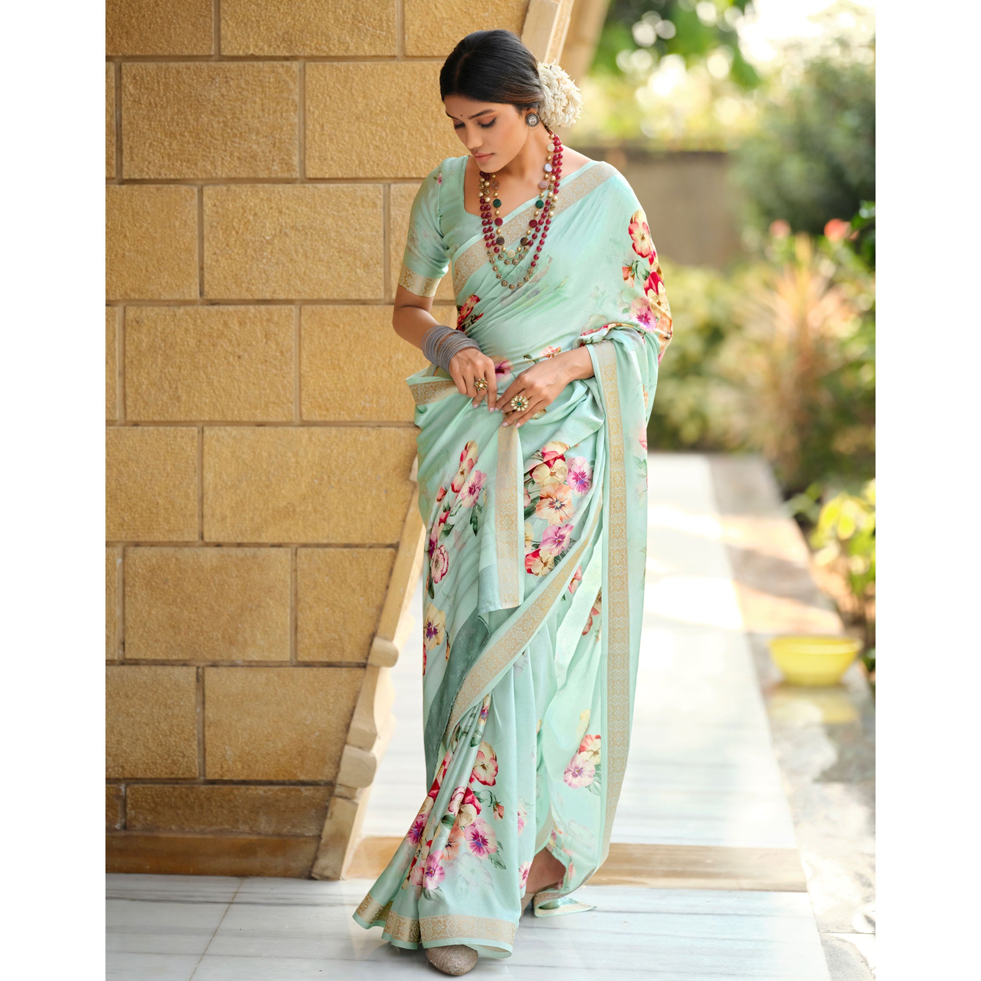 Sea Green Floral Digital Printed Viscose Saree With Zari Border