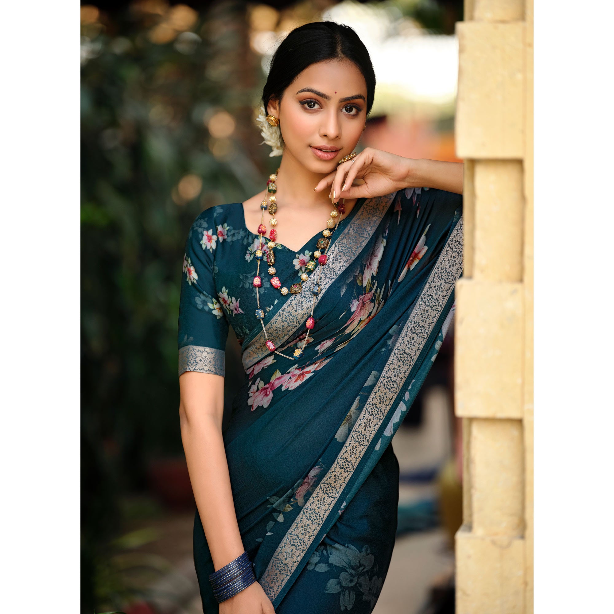 Teal Floral Digital Printed Viscose Saree With Zari Border