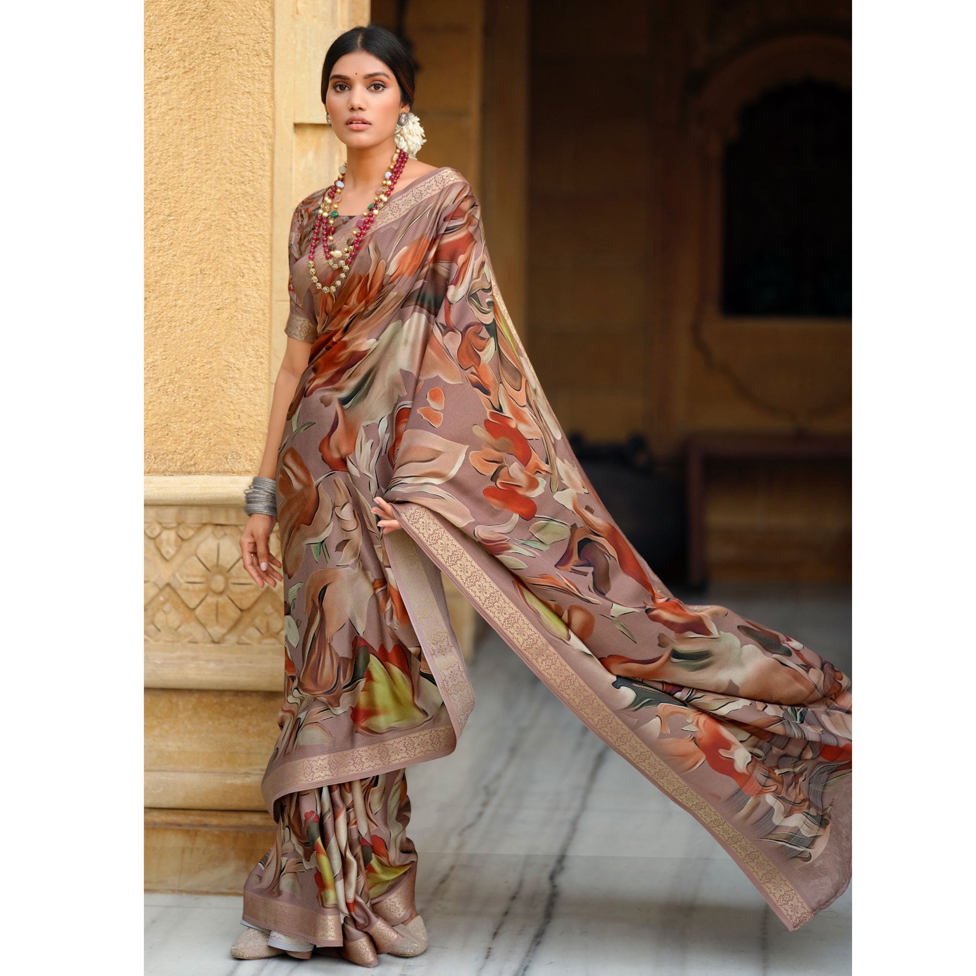 Rosy Brown Floral Digital Printed Viscose Saree With Zari Border