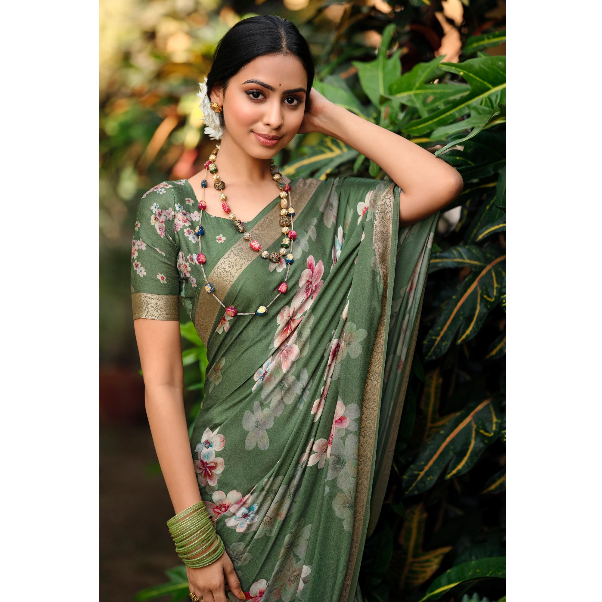 Green Floral Digital Printed Viscose Saree With Zari Border