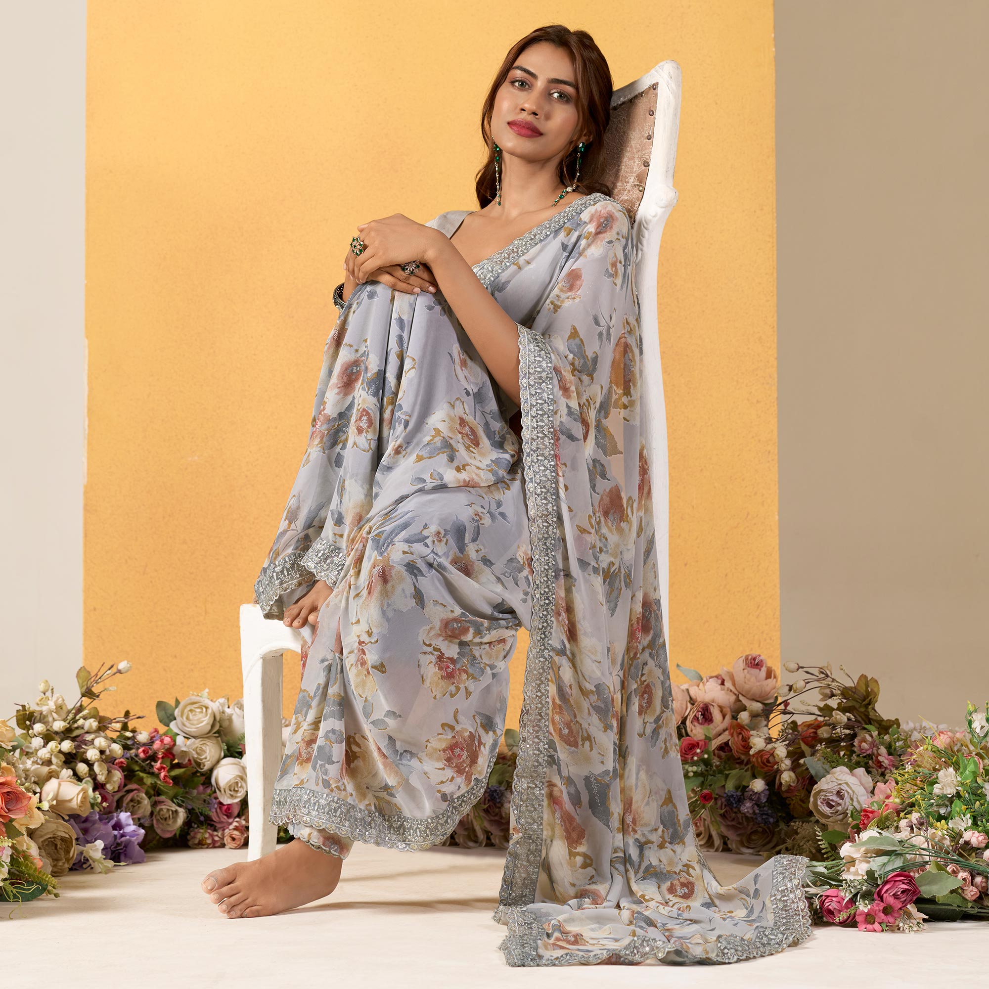 Grey Floral Printed Chiffon Saree With Designer Border