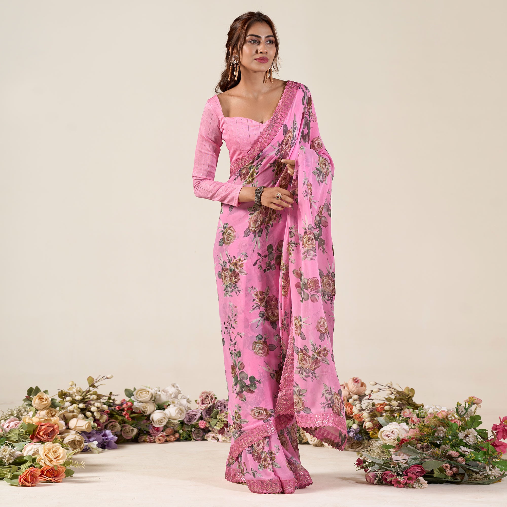 Pink Floral Printed Chiffon Saree With Designer Border