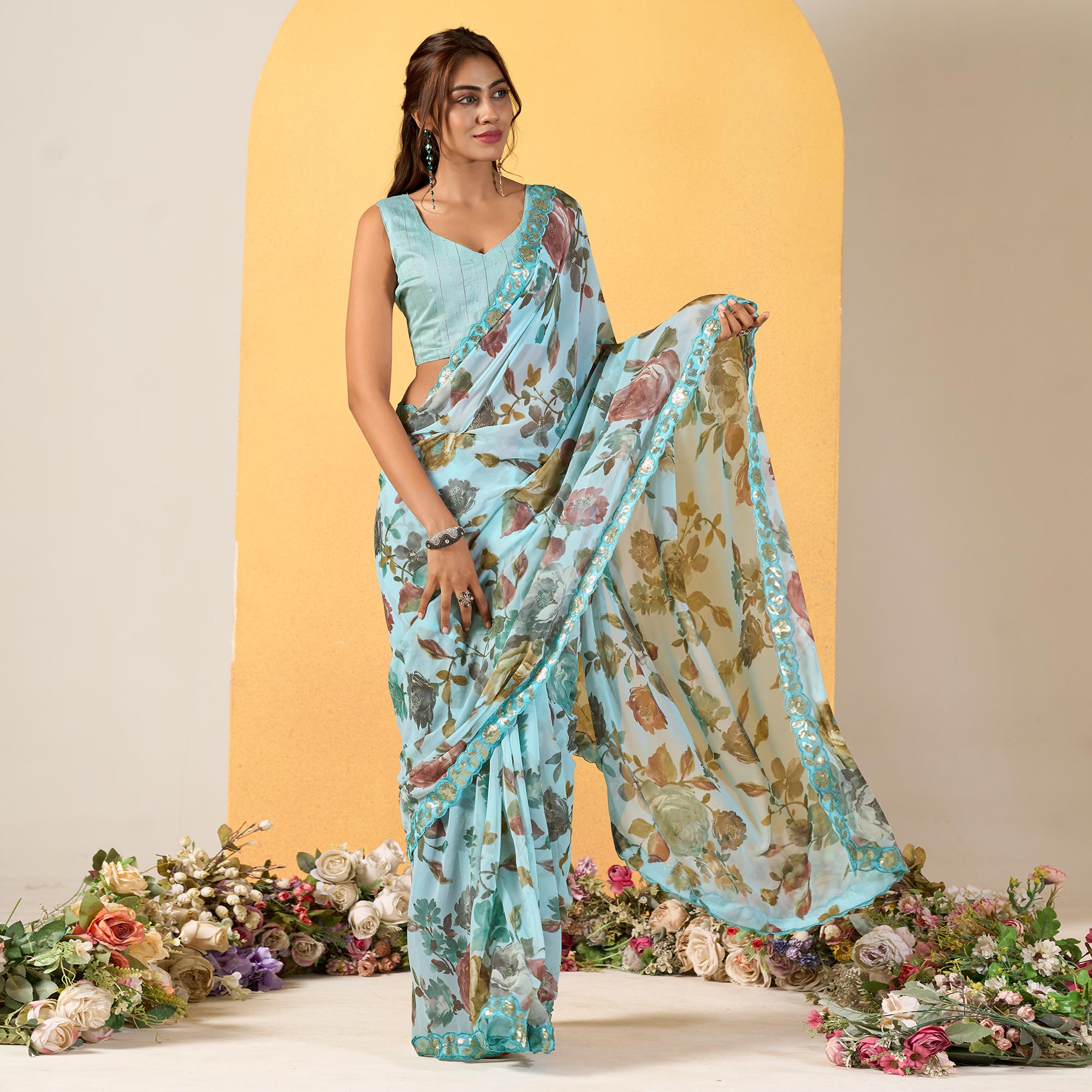 Sky Blue Floral Printed Chiffon Saree With Designer Border