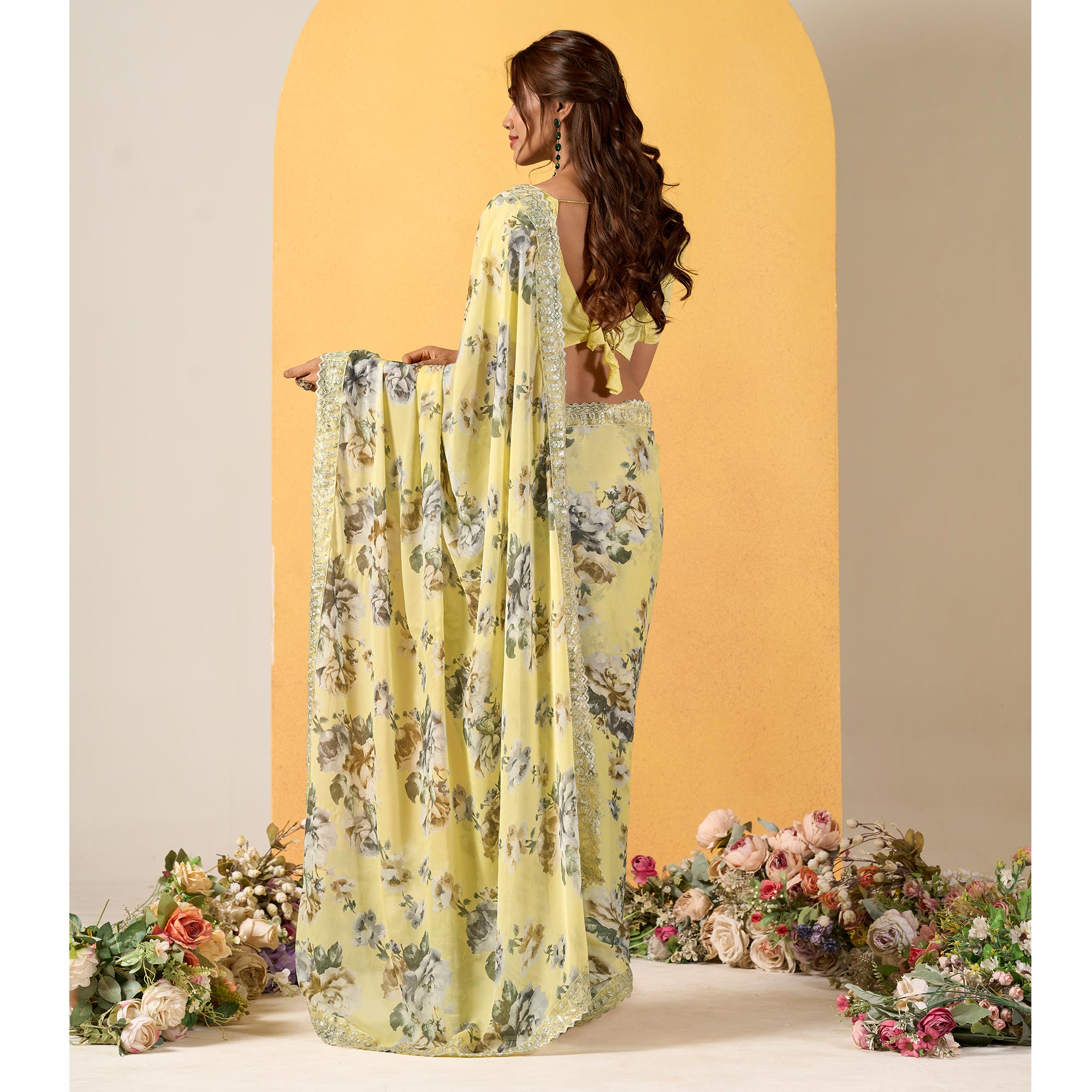 Yellow Floral Printed Chiffon Saree With Designer Border