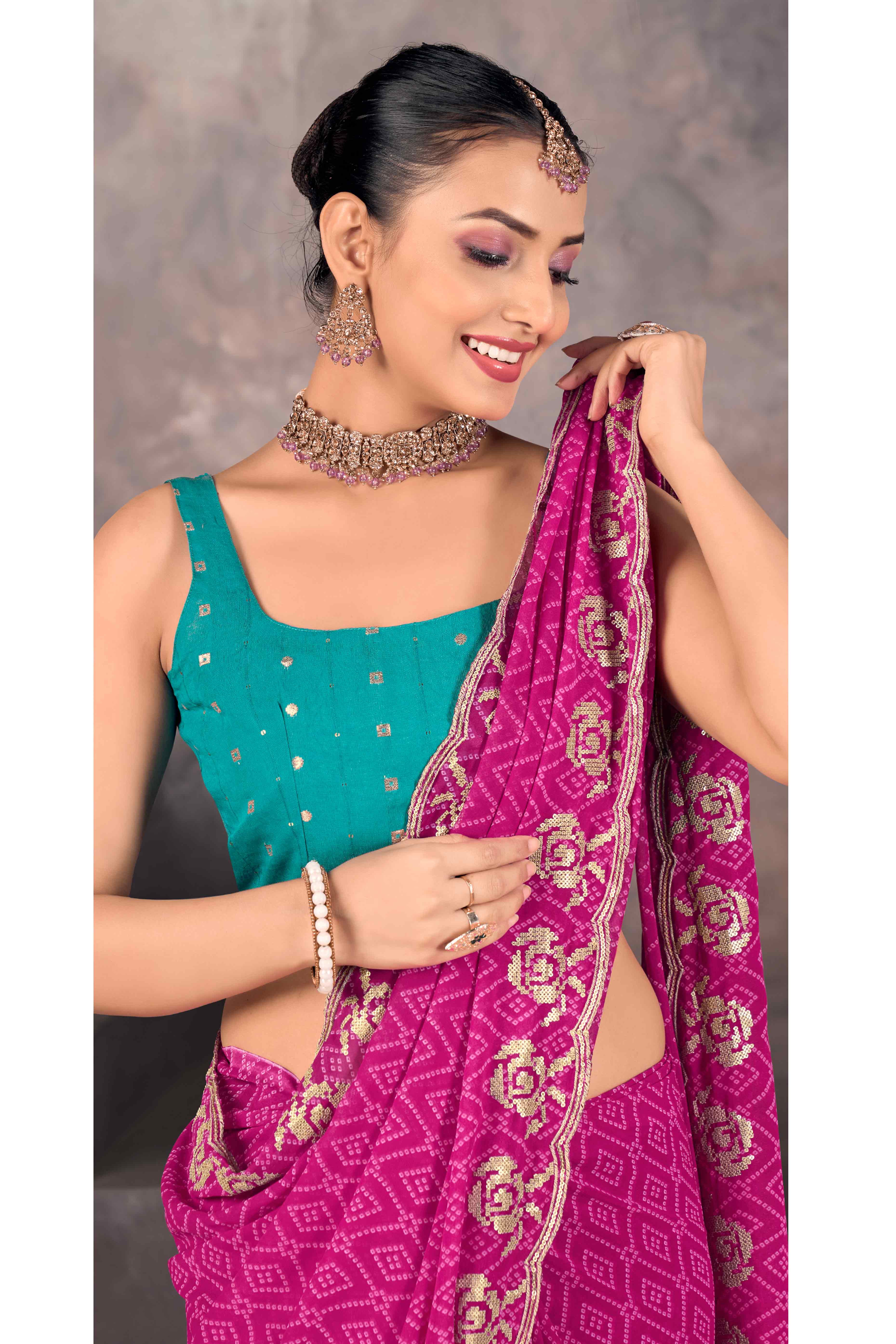 Pink Bandhani Printed Georgette Saree