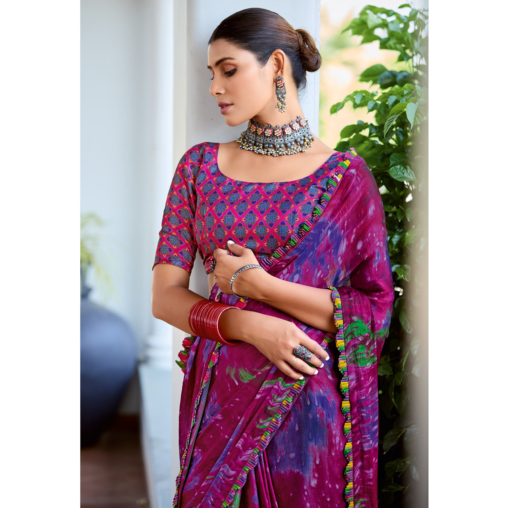 Pink Printed Satin Saree With Frill Border