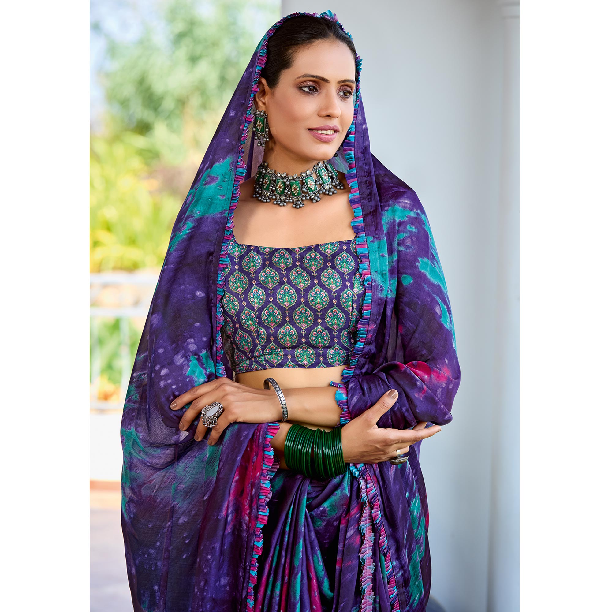 Purple Printed Satin Saree With Frill Border
